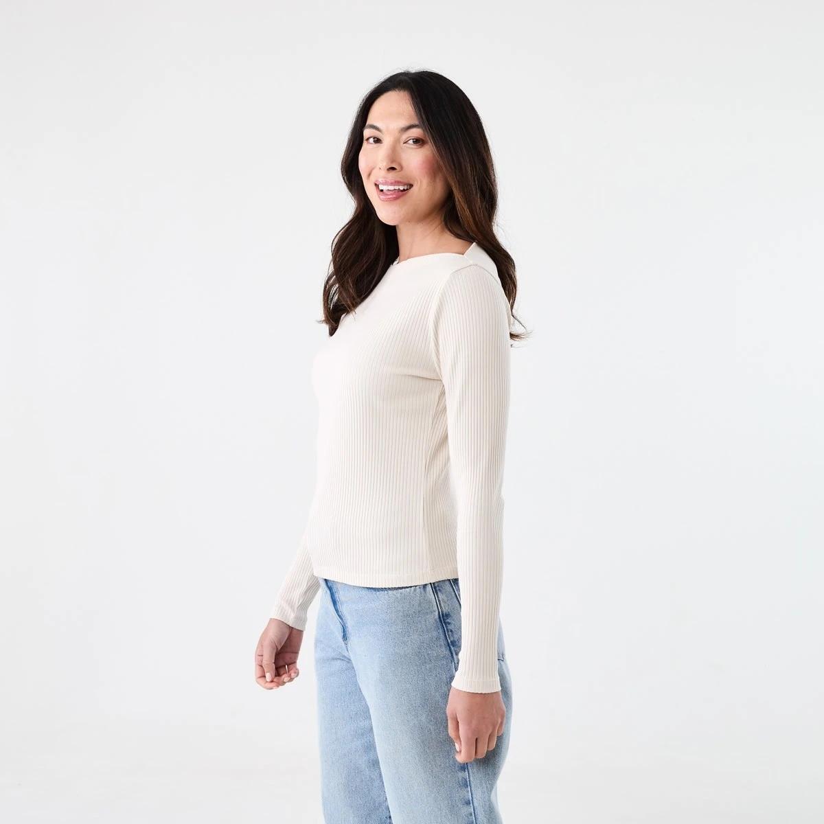 2 Long Sleeve Rib Boat Neck Top Nat Beige, 2 of 5