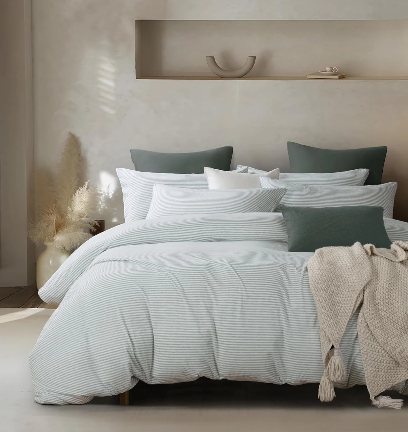 1 Gioia Casa Jersey Cotton Quilt Cover Set Soft Breathable Stretchy - Super King Bed - Sage Stripe, 1 of 5