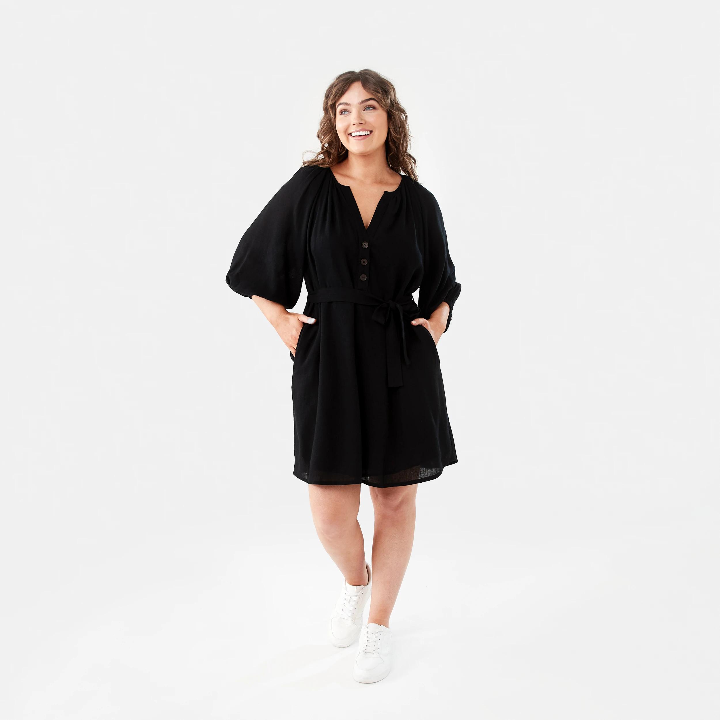 10 Elbow Sleeve Linen Blend Mini Dress BLACK, 10 of 10