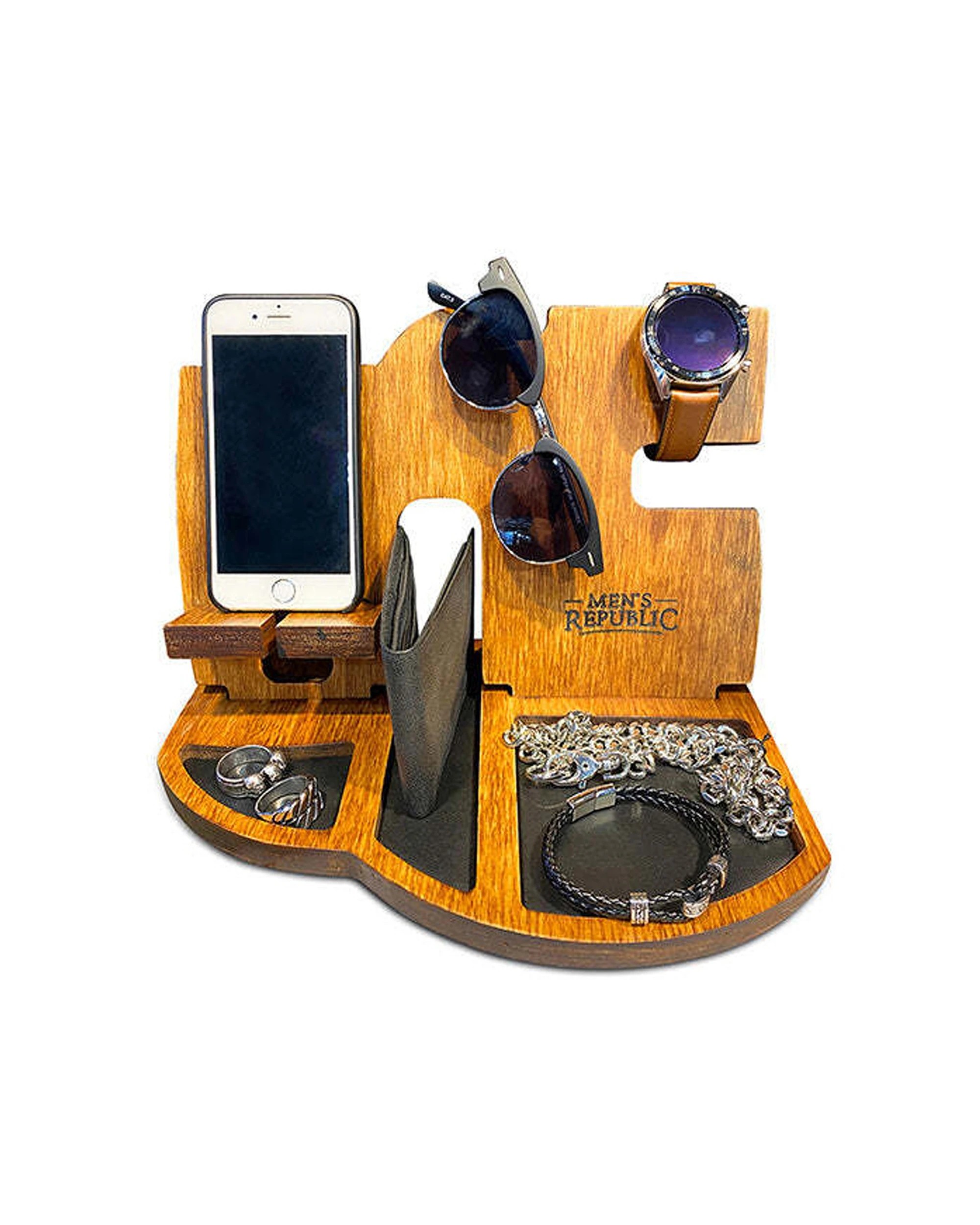 1 Mens Republic Docking Station And Night Stand Bamboo Faux Leather Organiser - Natural, 1 of 1