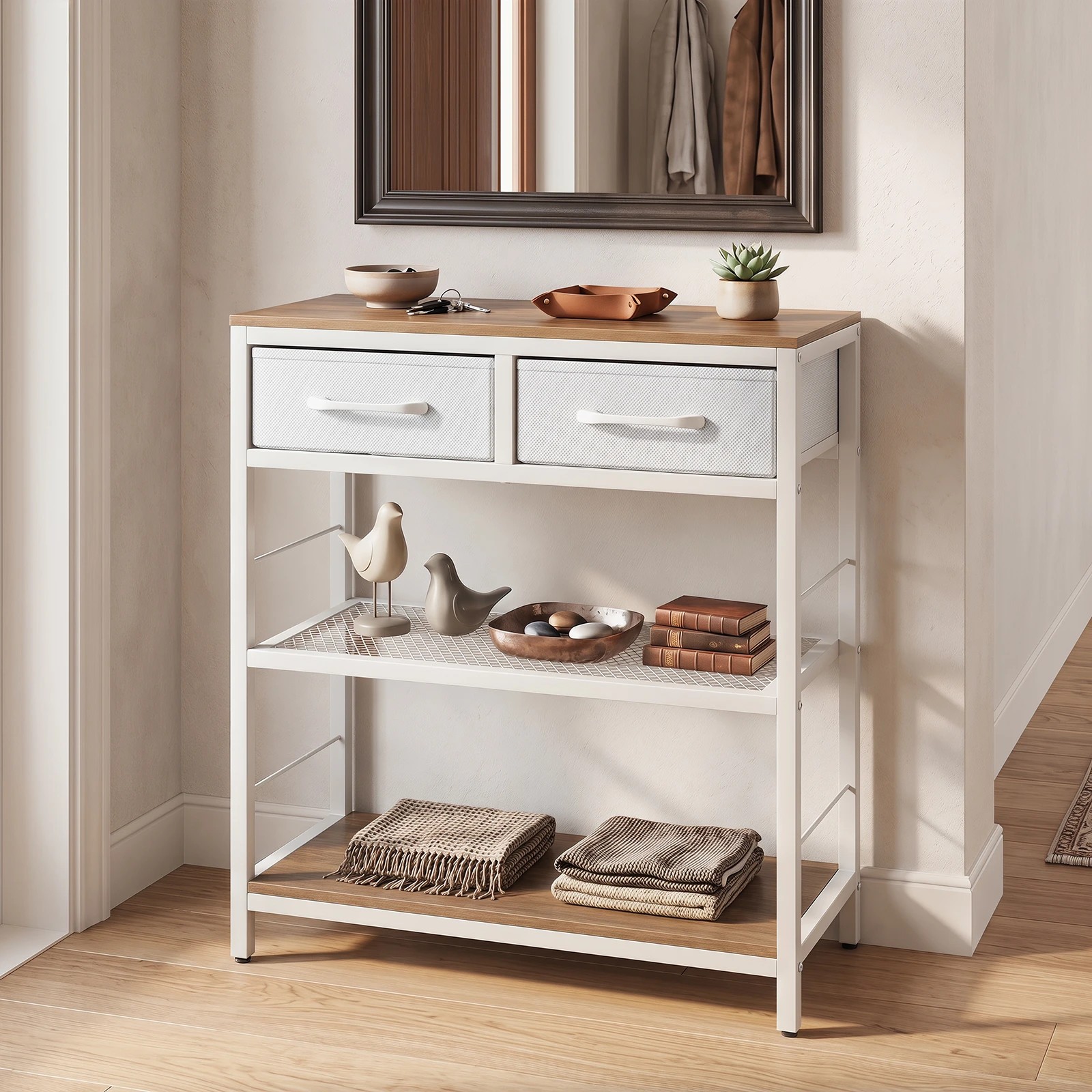4 Costway 3-Tier Narrow Console Table w/2 Fabric Drawers Behind Sofa Table - Natural, 4 of 6