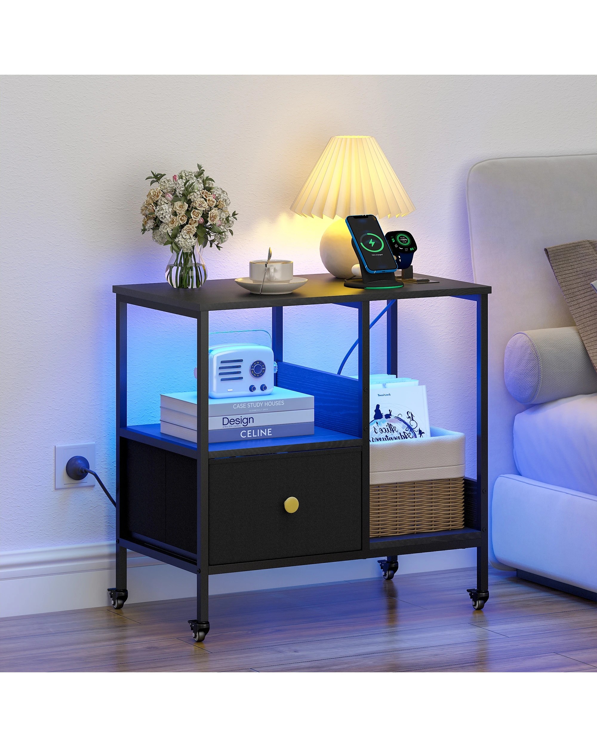 9 Advwin LED Side Table Set of 2 Sofa End Table w/ Power Outlets & Wheels Slim Bedside Table w/Reversible Drawer  - Black, 9 of 9