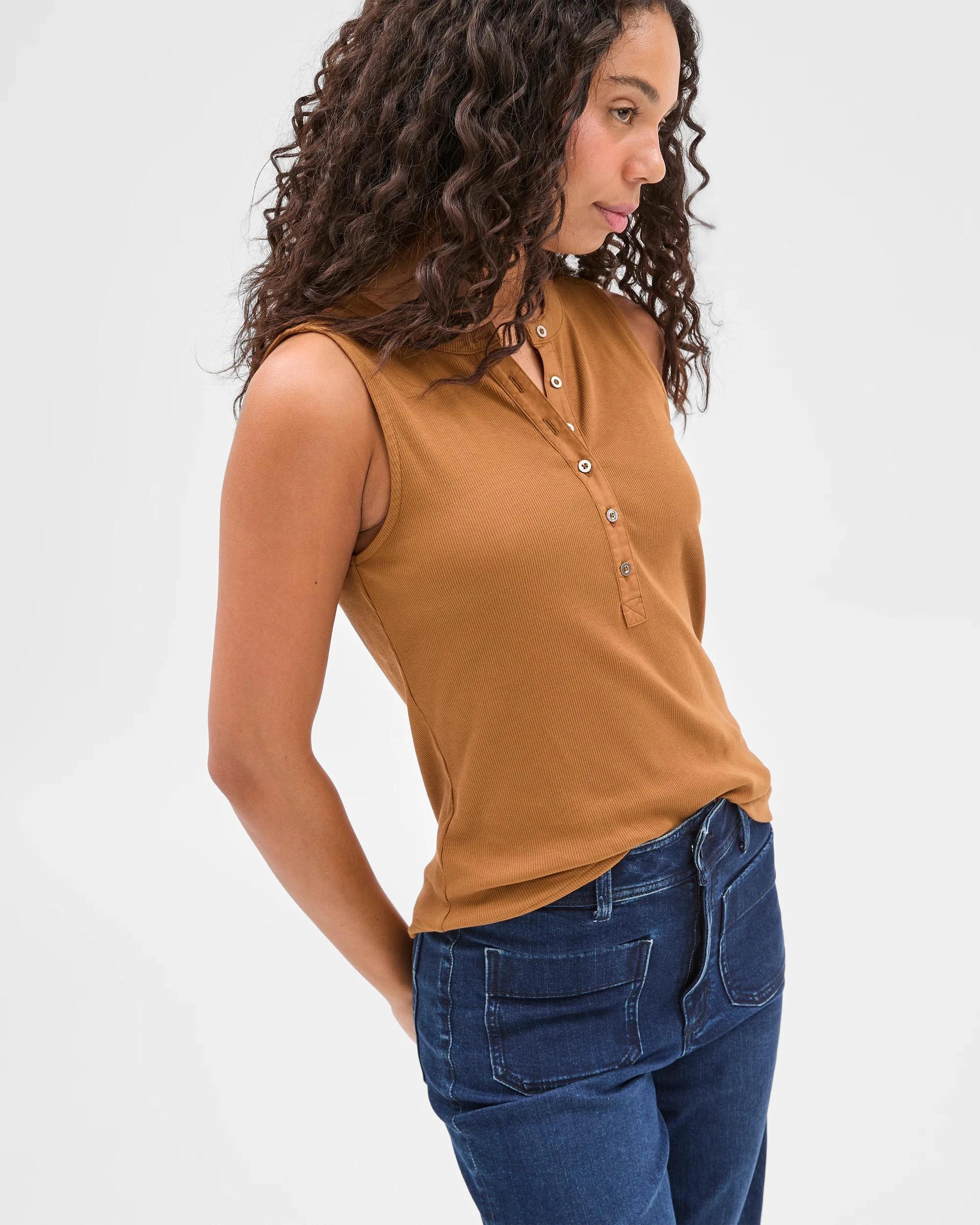 3 Target Australian Cotton Ribbed Sleeveless Henley Tank Top GINGERBREAD BROWN, 3 of 5