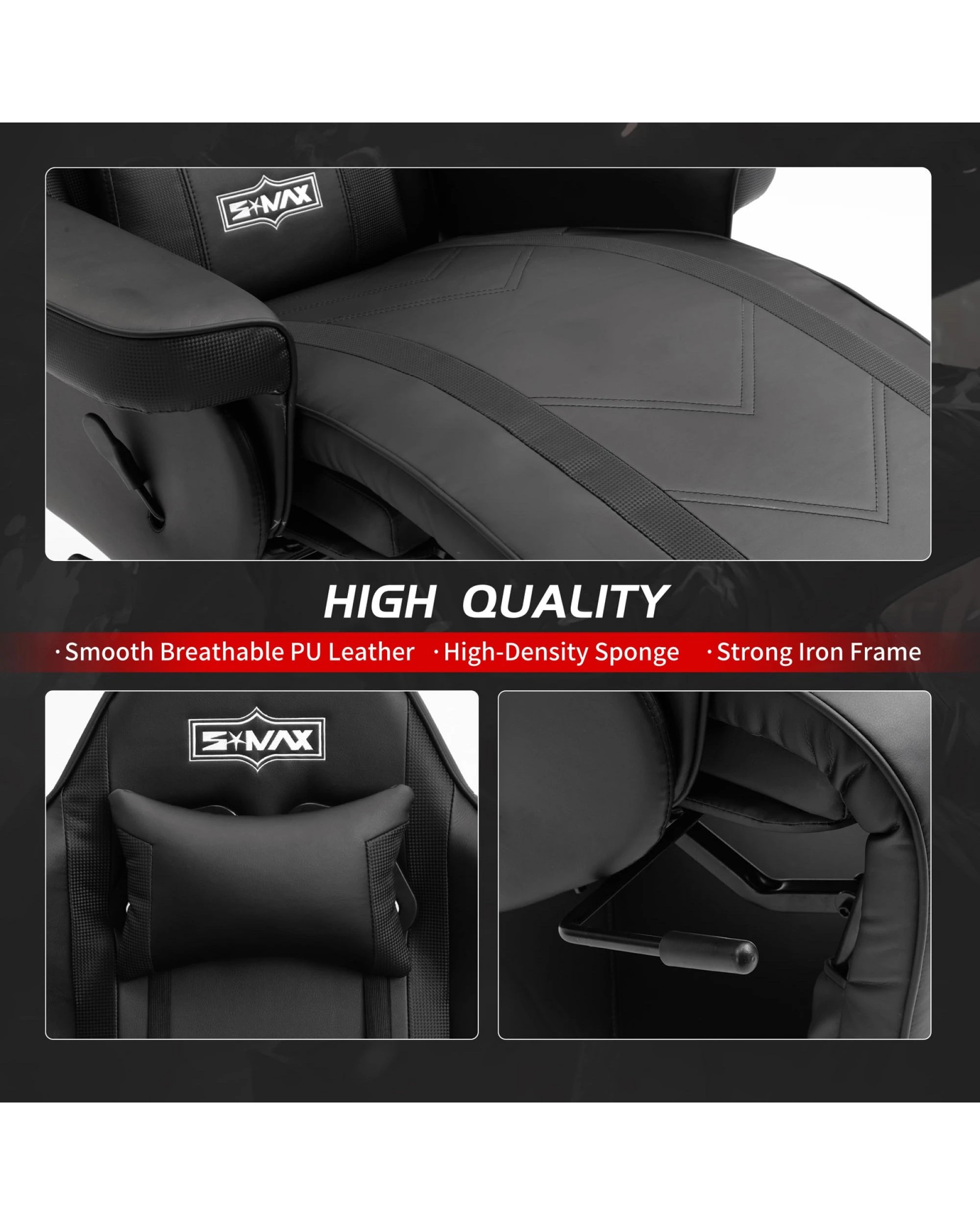 2 BR Home Gaming Recliner Chair with Gas Lift Height Adjustment in Black, 2 of 6