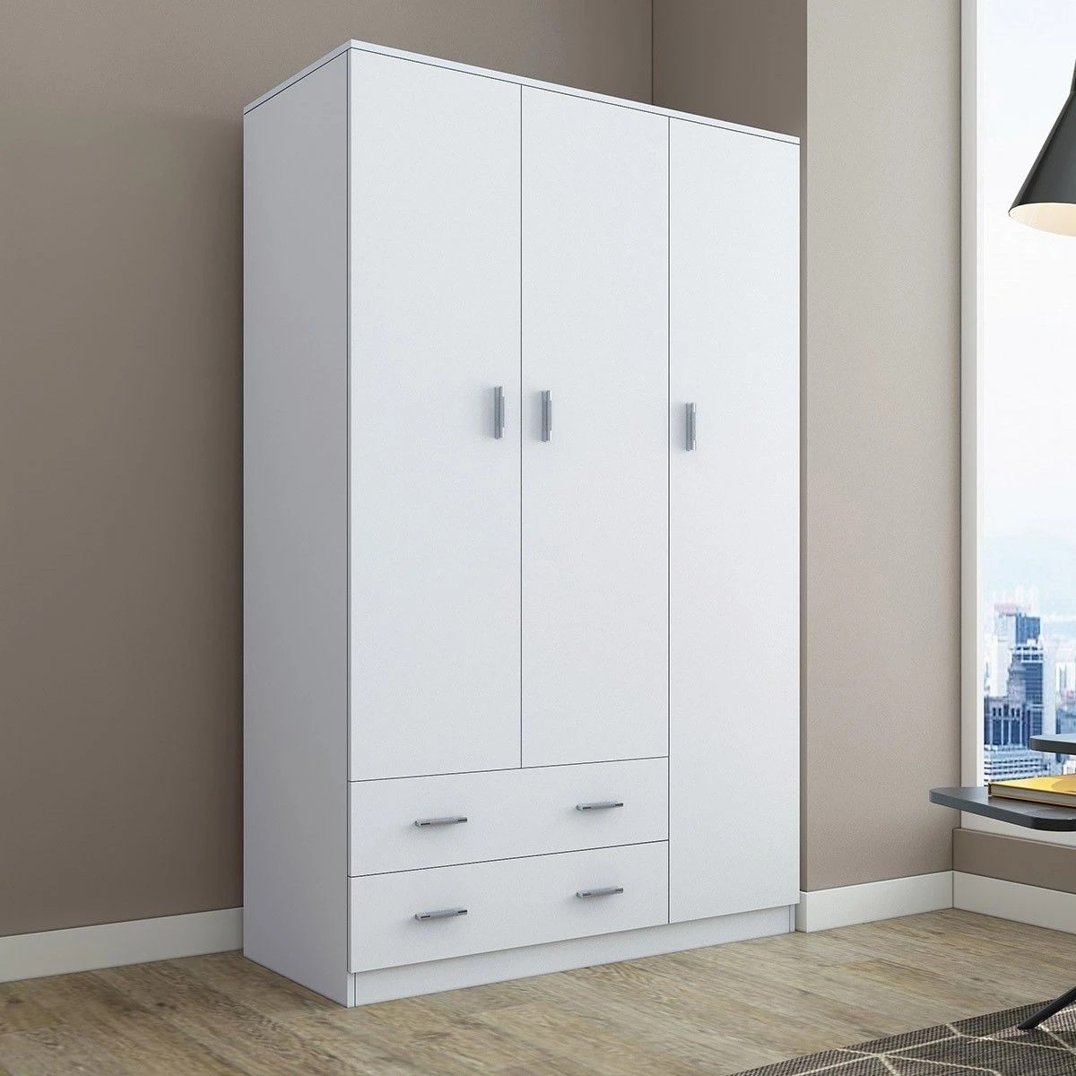 2 AUSWAY White Wardrobe Cabinet Wood Bedroom Clothes Storage Organiser Cupboard 3 Doors 2 Drawers, 2 of 7