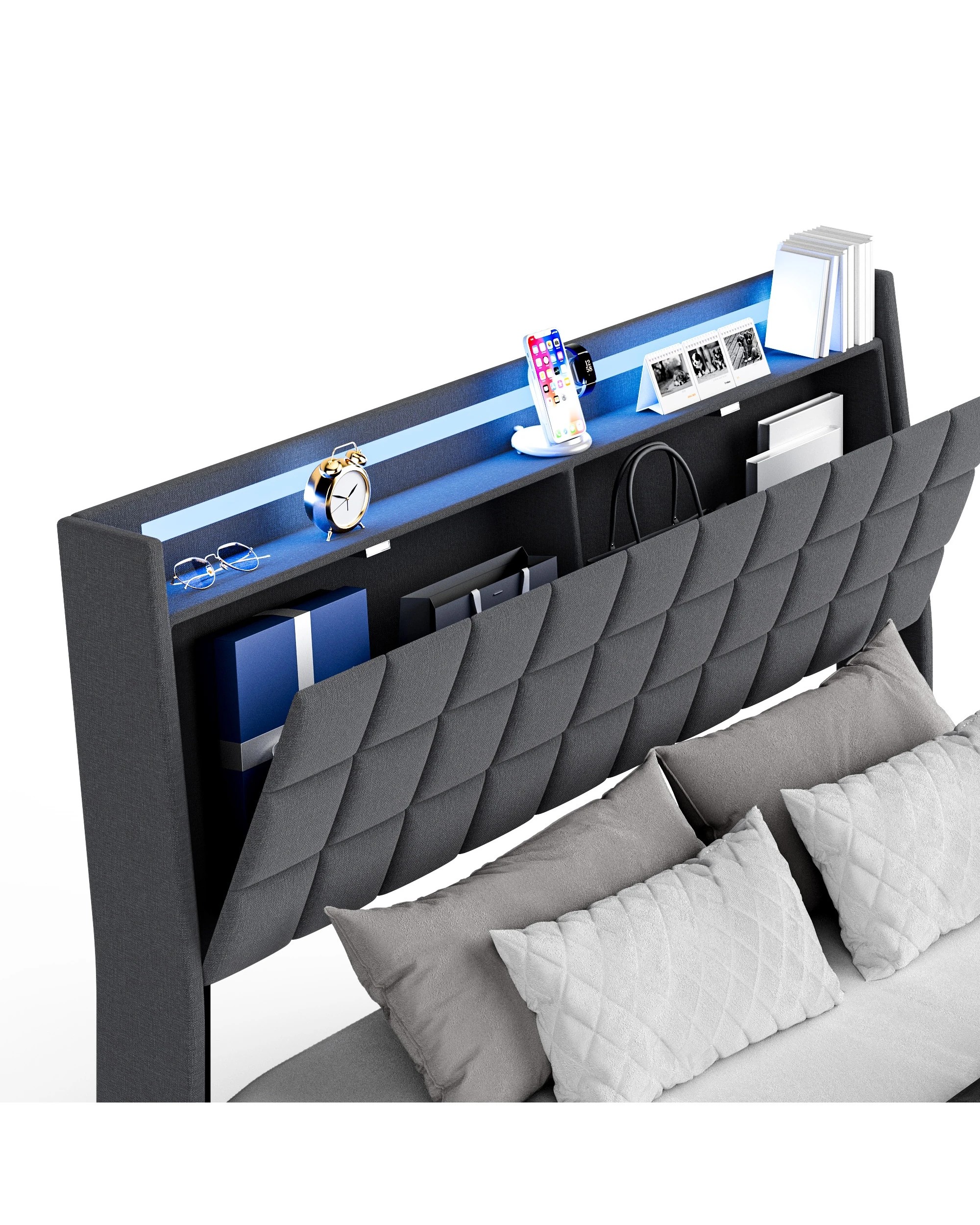 4 Advwin Double Floating Bed Frame with LED Lights and Storage Headboard - Grey, 4 of 5