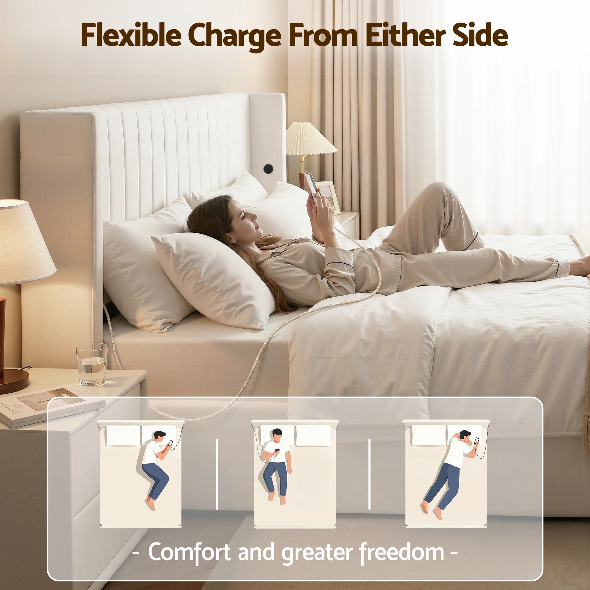 5 Artiss Double Bed Frame with Gaslift Storage USB Type-C Charging Ports Velvet Upholstery - White, 5 of 9