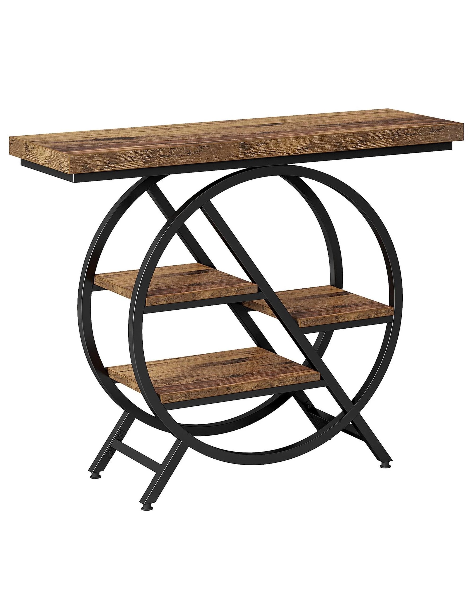 1 OAKORY 100cm Console Table, 4-Tier Industrial Hallway Table with Metal Frame, Rustic Brown, 1 of 7