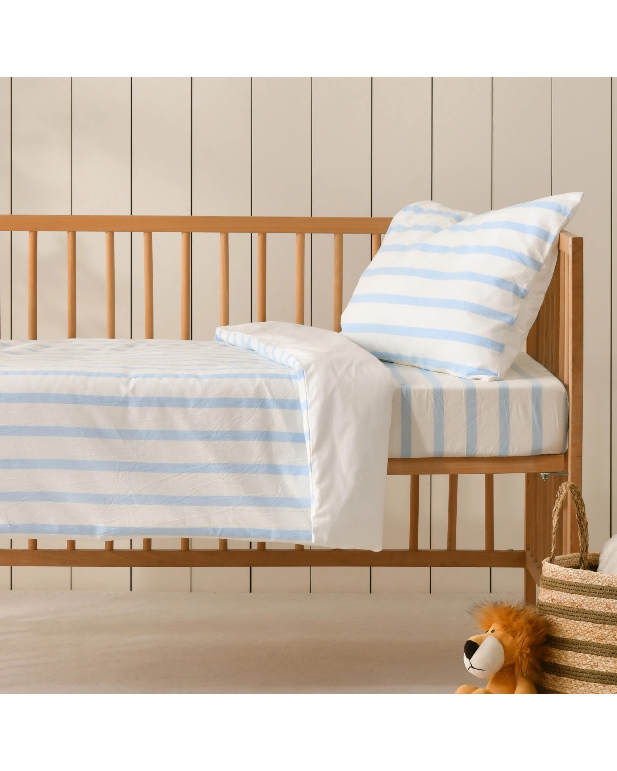 1 Dreamaker Baby Bask Washed Cotton Yarn Dyed Stripe Quilt Cover Set - COT Size - Sky, 1 of 7