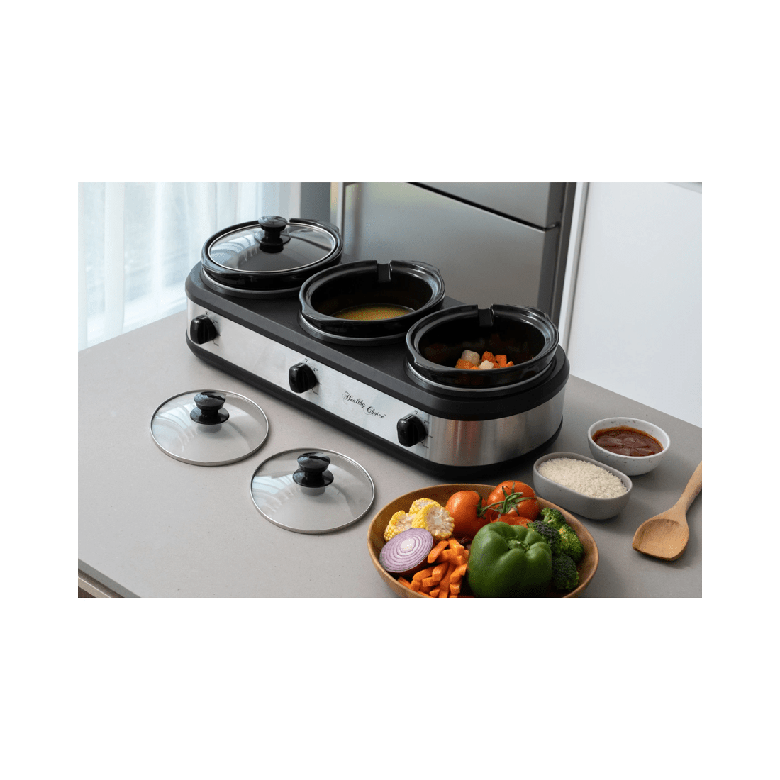 4 Healthy Choice 405w Electric 3 Pot Slow Cooker/2.5l Ceramic Cooking Pots - Silver, 4 of 6