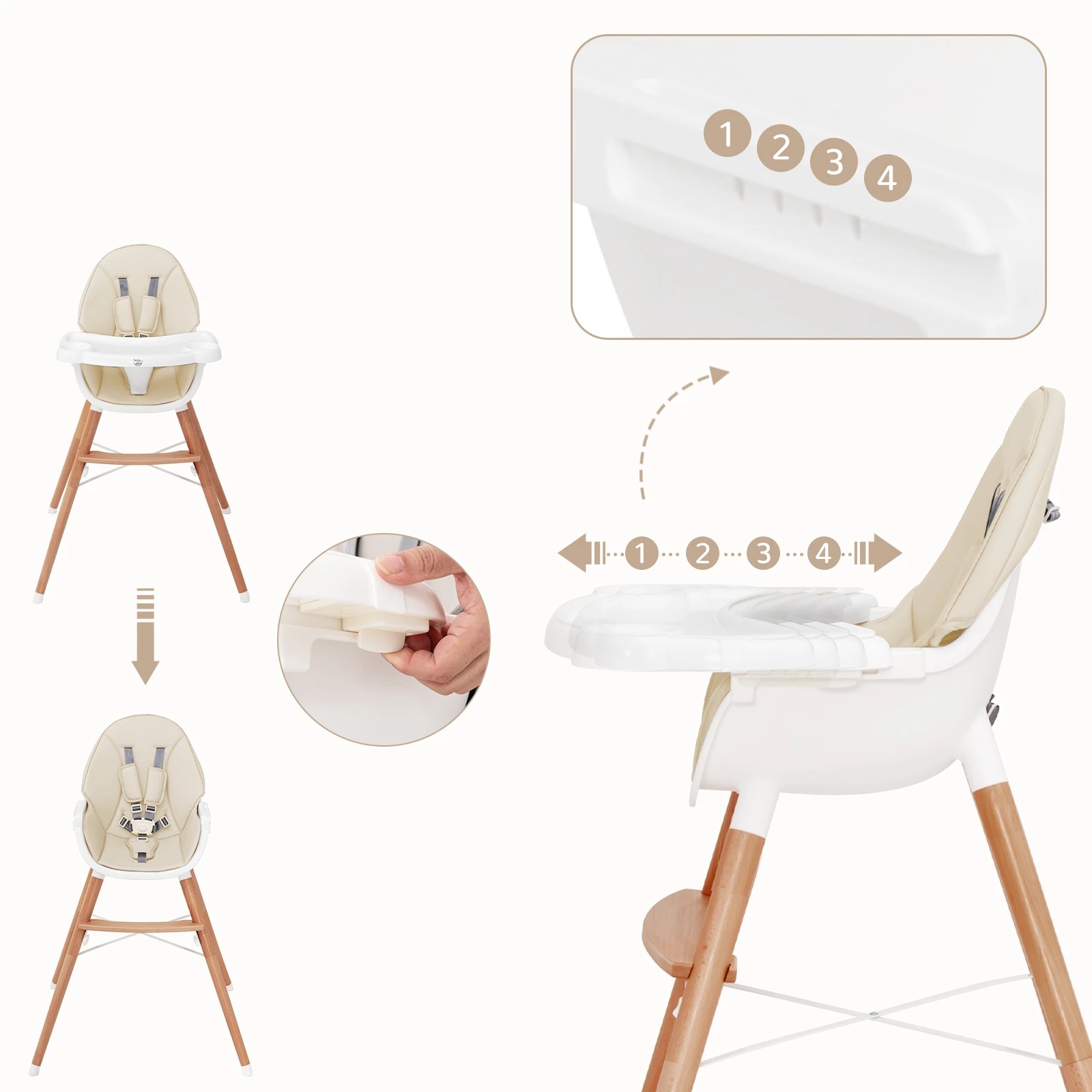 3 Costway Wood High Chair Adjustable Feeding Seat Beige, 3 of 7