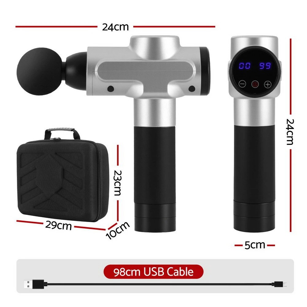 2 Everfit Massage Gun 30 Speed 6 Heads Vibration Muscle Massager Chargeable - Silver, 2 of 5