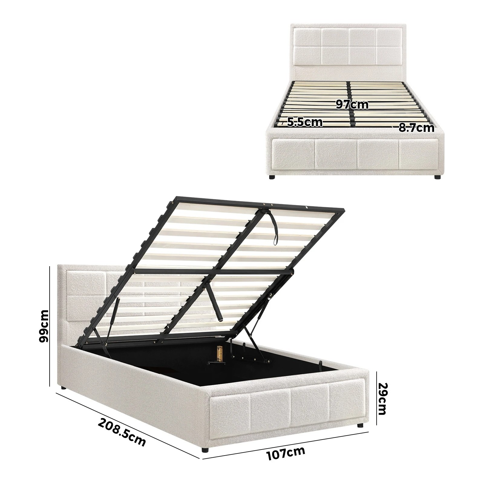 2 Oikiture King Single Bed Frame Gas Lift Storage Base Boucle Fabric - White, 2 of 9