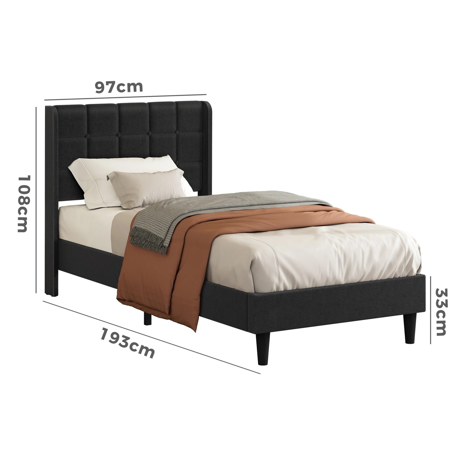 10 Alfordson Bed Frame Single Size Upholstered Wingback Base Fabric Sarah - Charcoal, 10 of 10