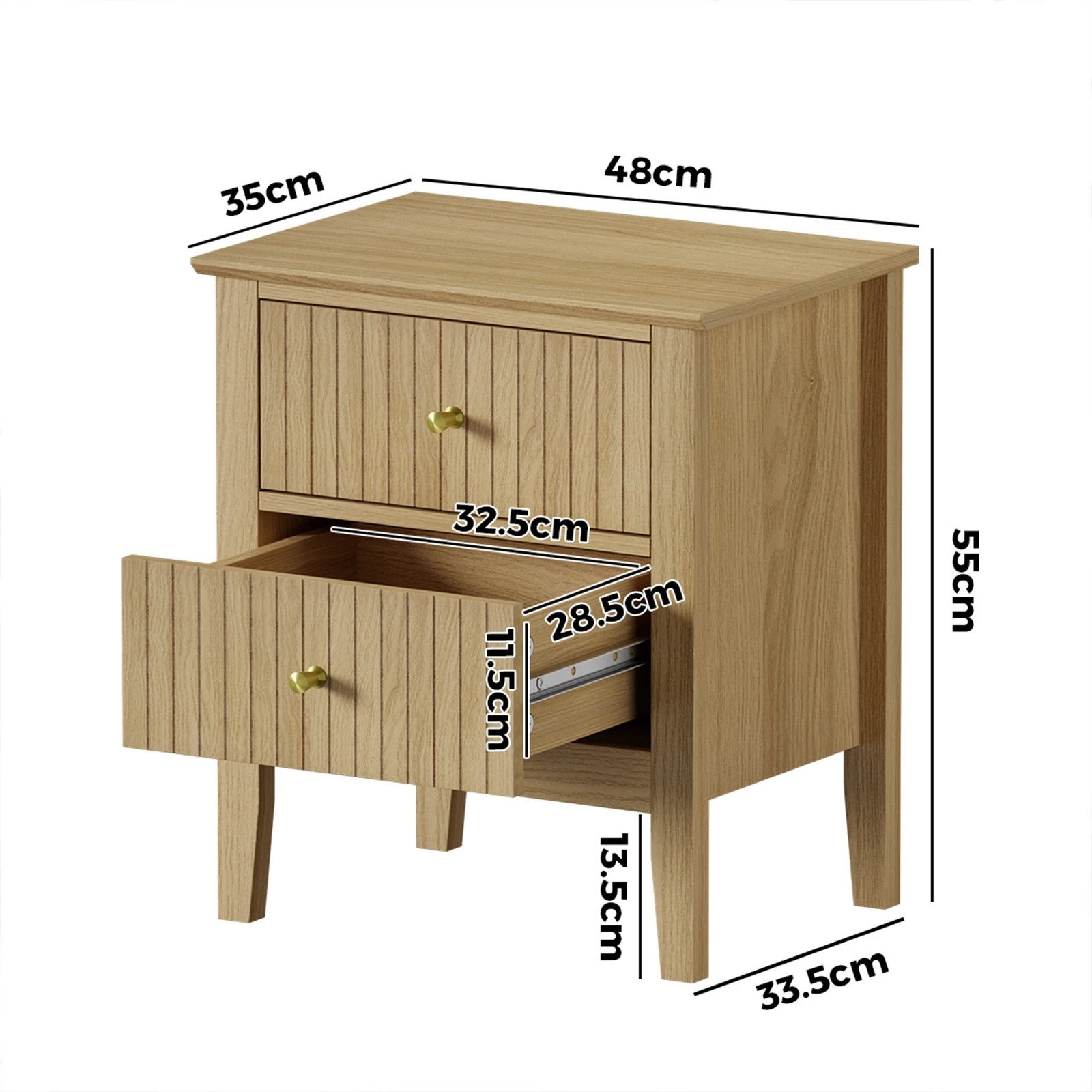 2 Oikiture Bedside Table 2 Drawers Nightstand Cabinet Gold Handle - Natural, 2 of 8
