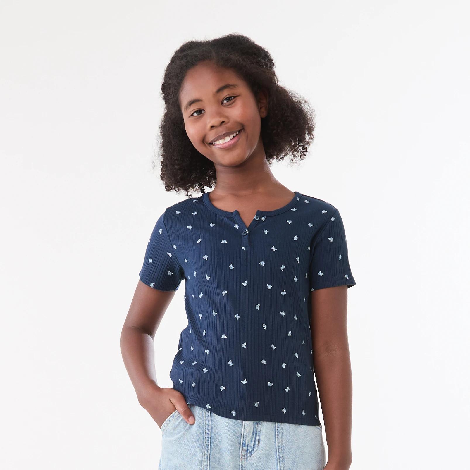 1 Rib Henley T-shirt DANCING BUTTERFLIES DEEP INDIGO, 1 of 6