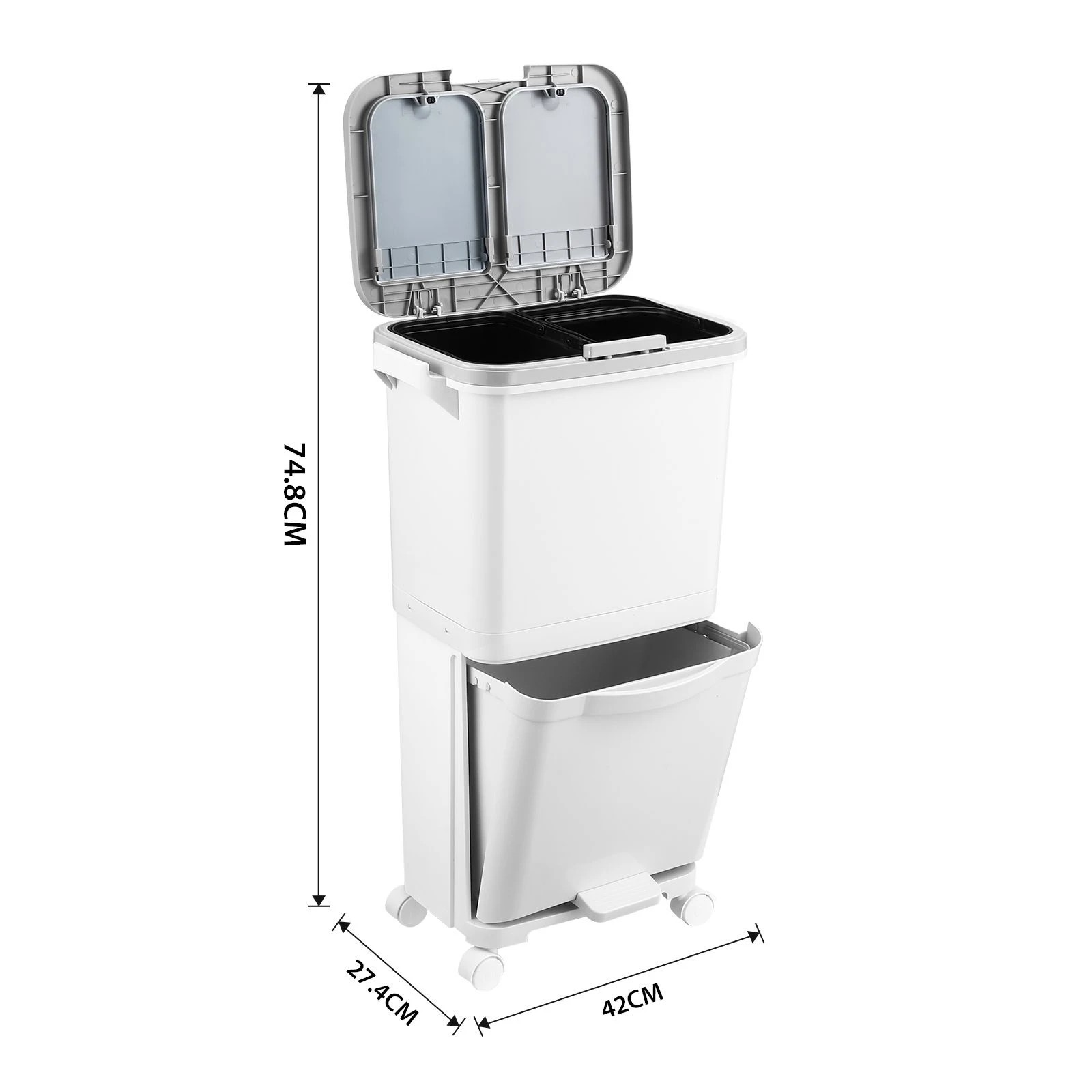 3 Dr FUSSY 38L 2 Tier Rubbish Recycling Bin with Wheels 3 Compartment Kitchen Waste Sorter Removable Buckets, 3 of 6