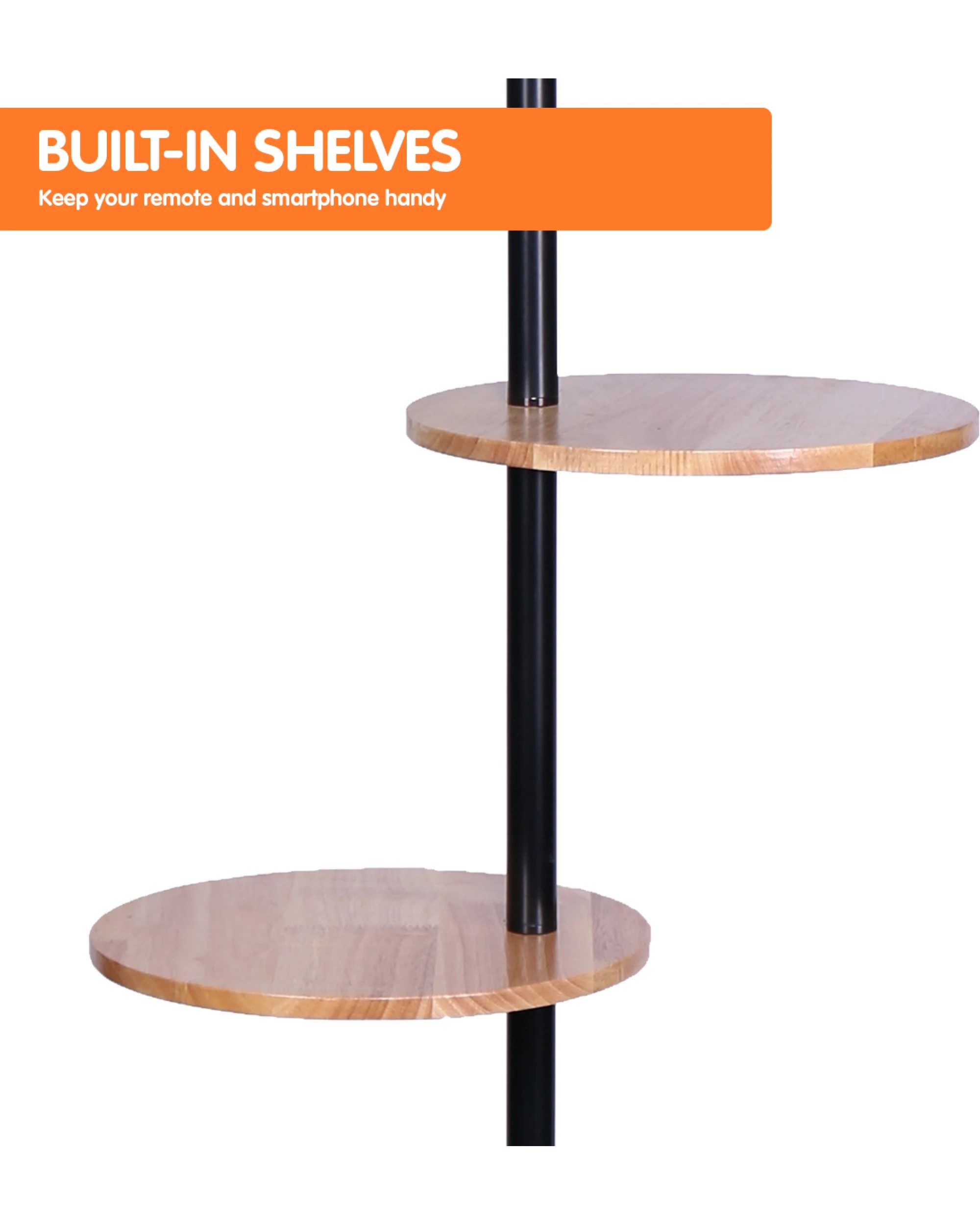 4 Sarantino Metal Floor Lamp Shade With Black Post In Round Wood Shelves, 4 of 6