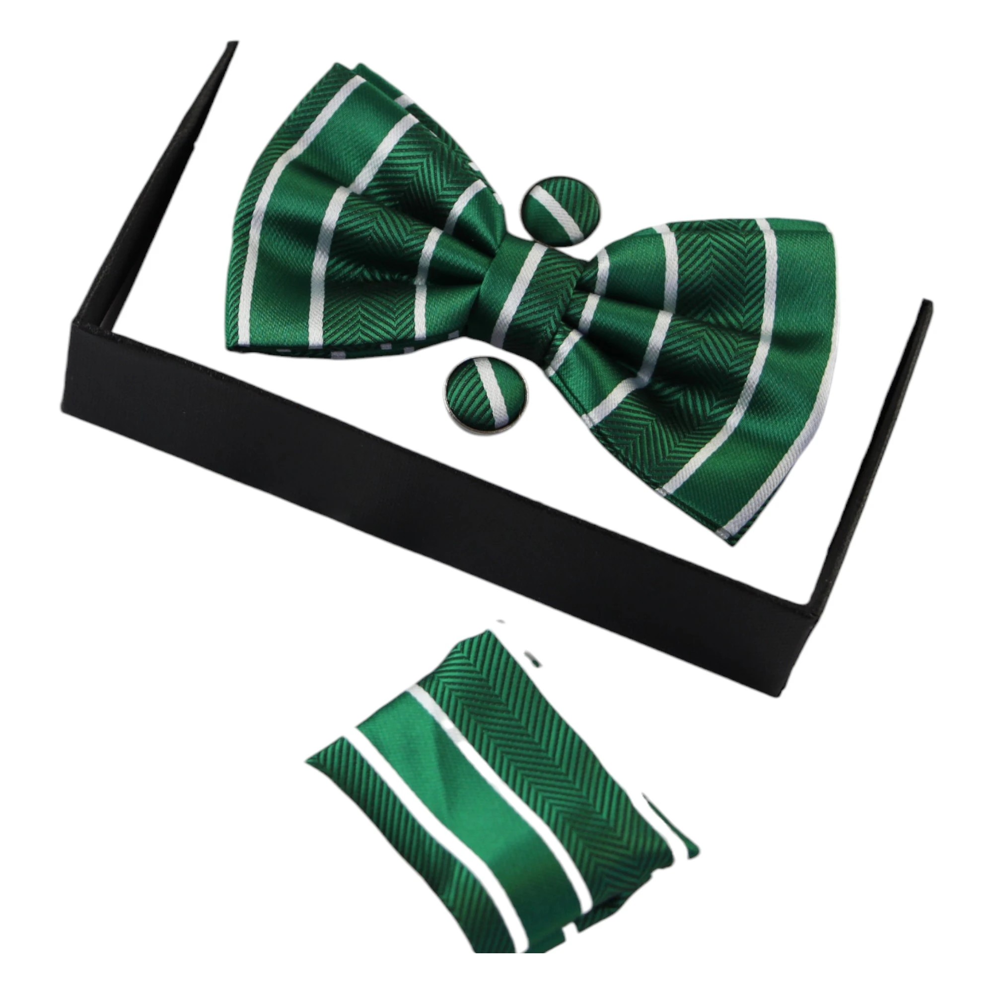 1 Zasel Mens Green Textured Stripe Matching Bow Tie, Pocket Square & Cuff Links Set - Multi - Multi, 1 of 1