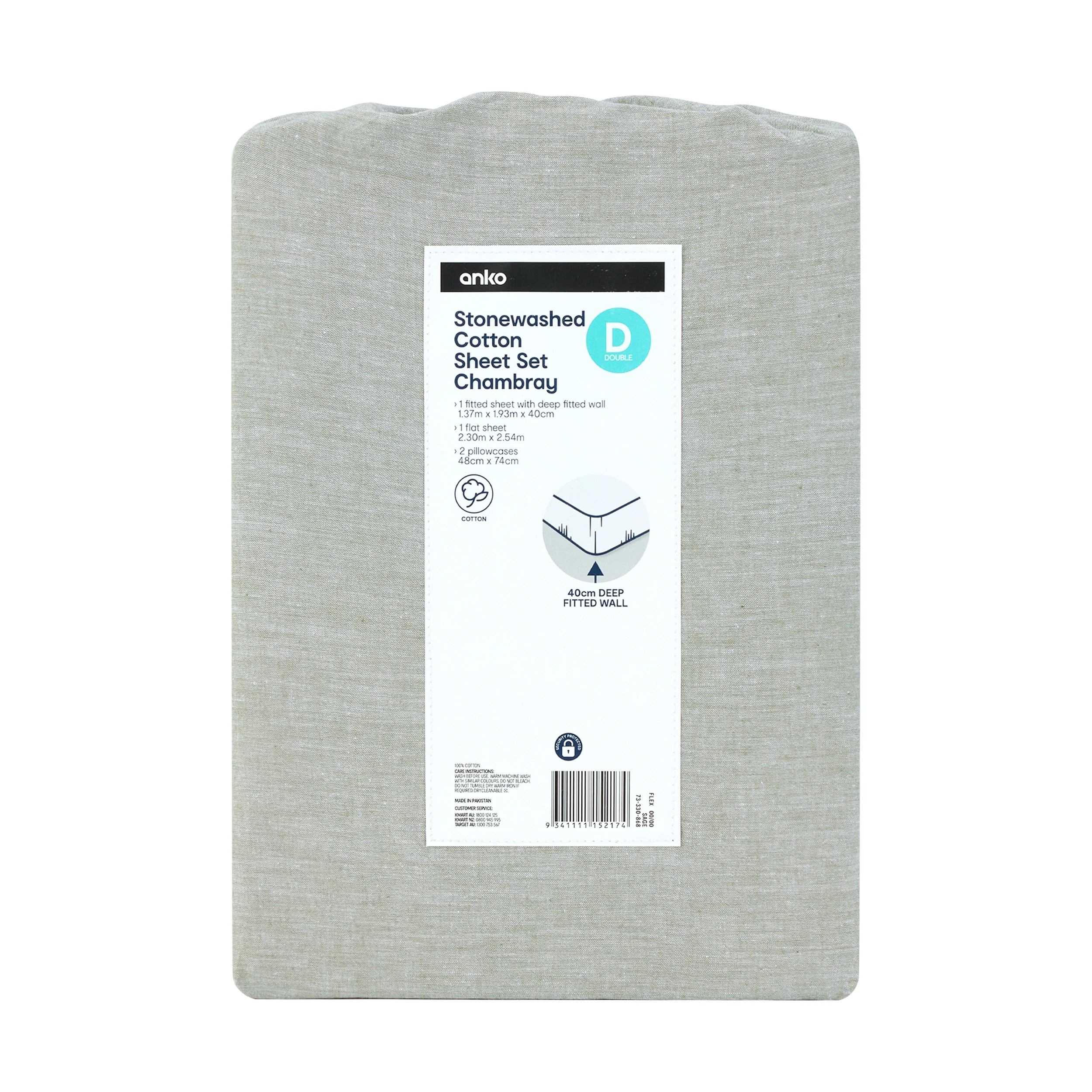 7 Stonewashed Chambray Cotton Sheet Set - Double Bed, Sage, 7 of 7