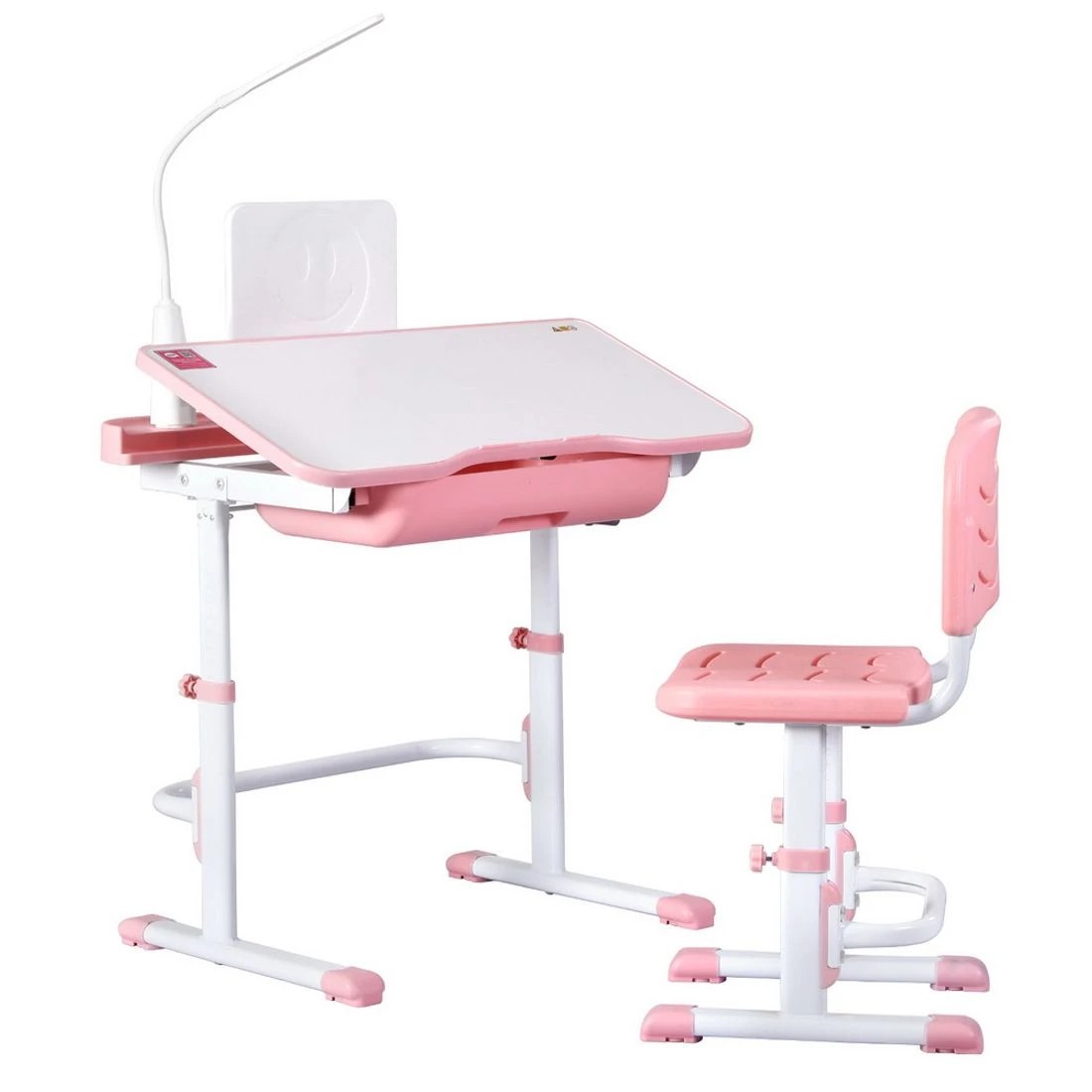1 Keezi Kids Table and Chair Set Adjustable Study Desk w/ LED Lamp Reading - Pink, 1 of 7