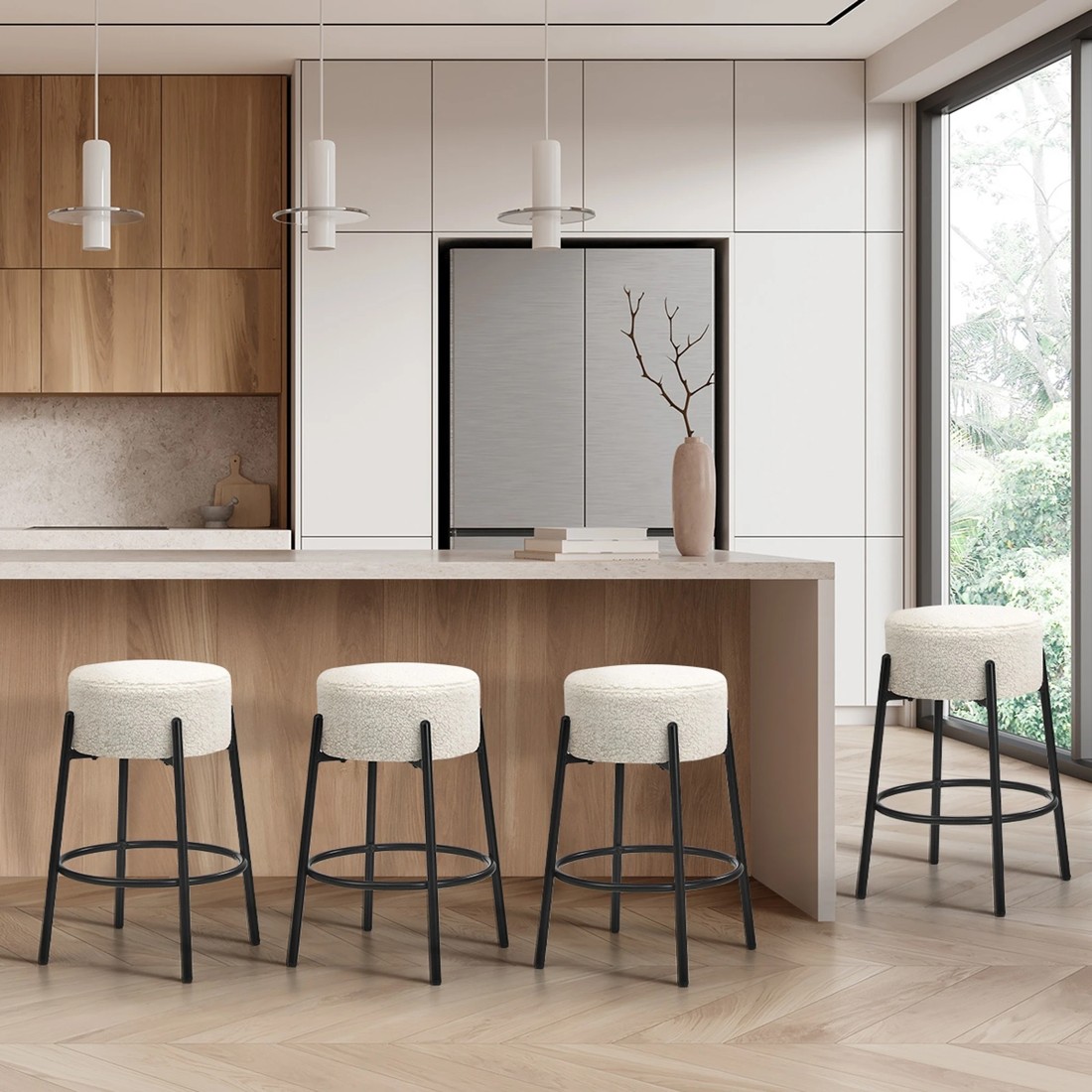 3 Oikiture 4x Bar Stools Kitchen Dining Chair Round Stool Boucle Fabric
 - White, 3 of 10