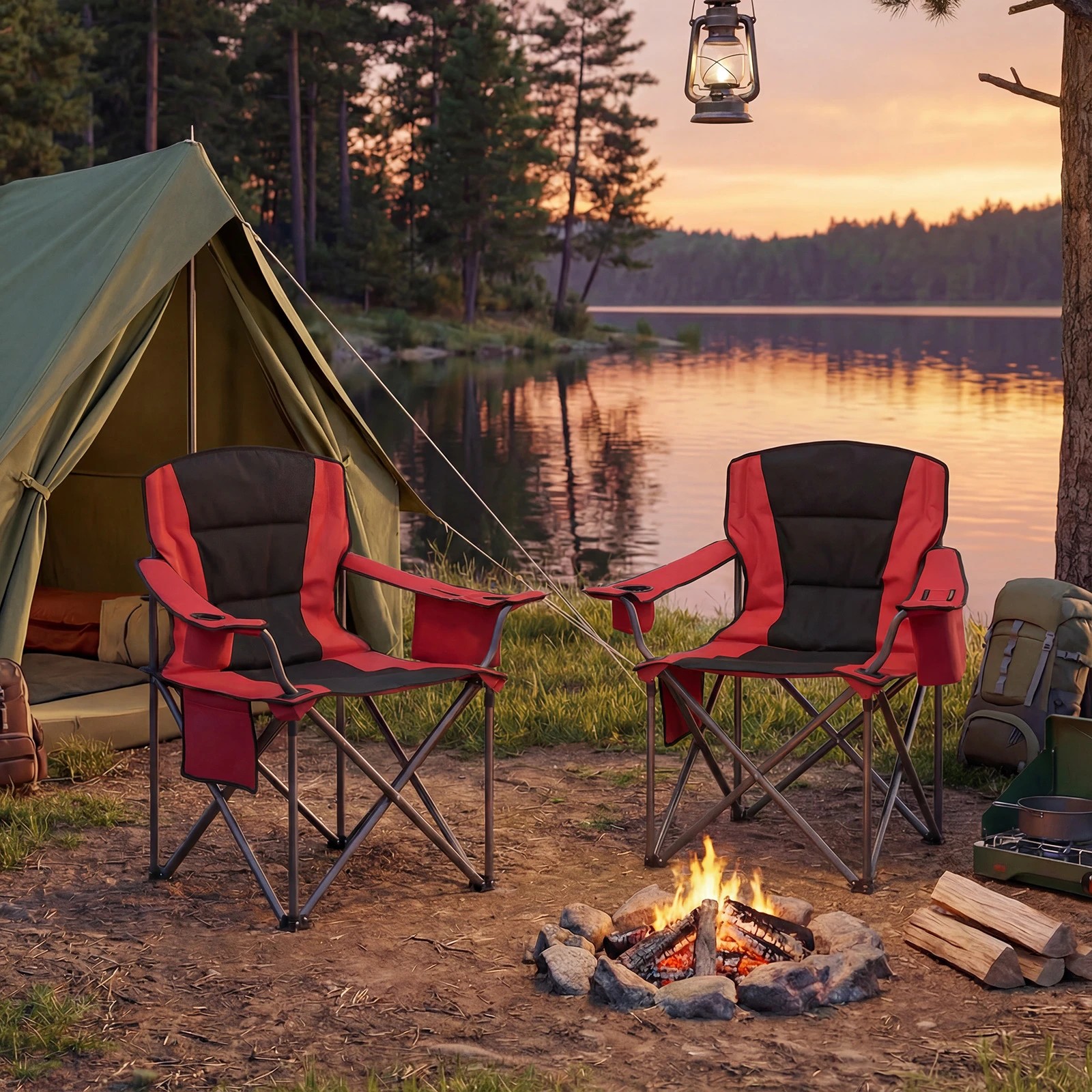 2 Costway Folding Camping Chair Portable Outdoor Padded Armchair w/Zippered Cooler Pouch - Red, 2 of 2