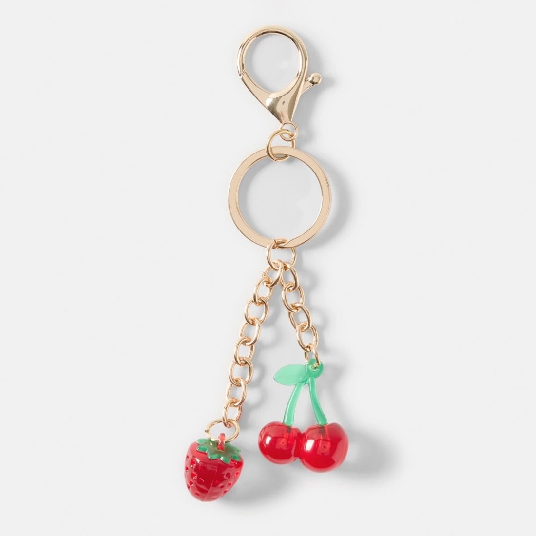 1 3D Cherry Strawberry Charms Keyring - Red, Green and Gold Tone, 1 of 3