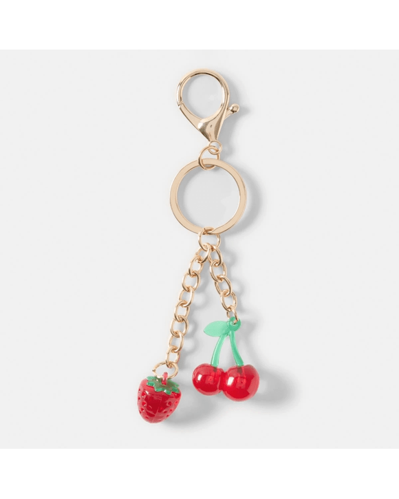 3D Cherry Strawberry Charms Keyring - Red, Green and Gold Tone