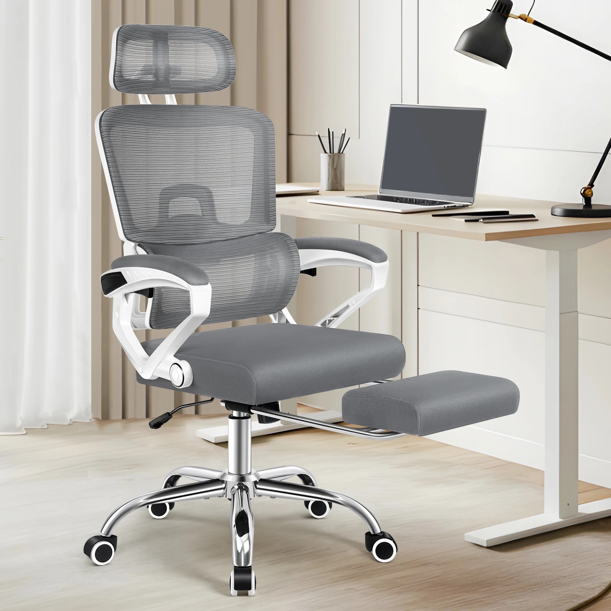 2 Alfordson Mesh Office Chair Racing Ergonomic Executive Computer Recliner Work - White Grey, 2 of 10