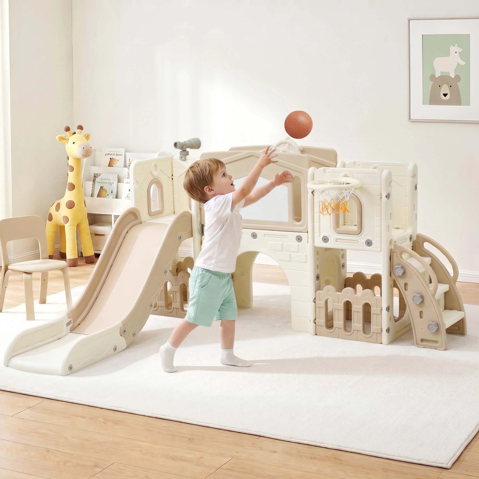 7 Keezi Kids Slide Set Indoor Toddler Playset With Basketball Hoop And Drawing Board - Beige, 7 of 9