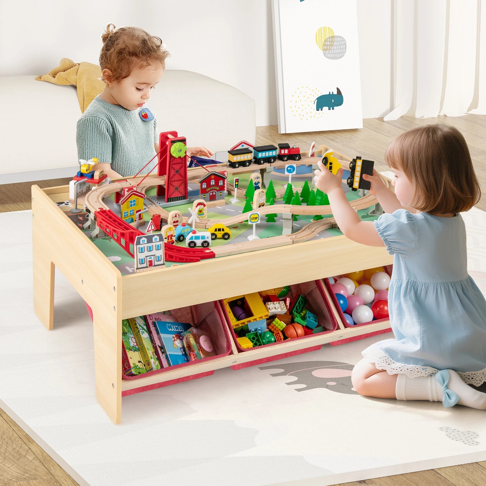 3 Costway Activity Train Table Wood Game Desk w/94-Piece Accessory Toy Playset - Natural, 3 of 4