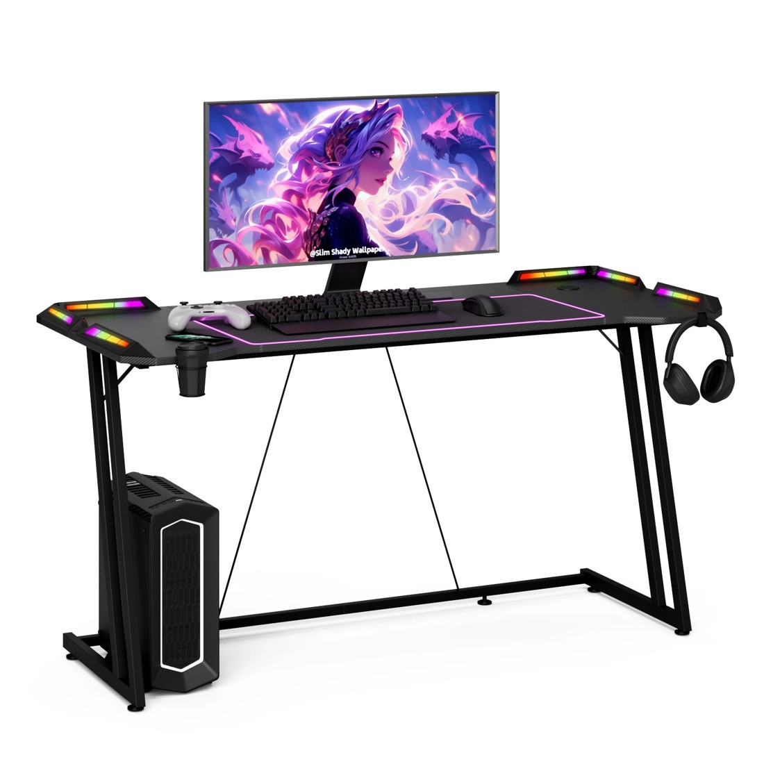 1 140cm LED RGB Gaming Desk Carbon Fiber Surface Computer Desk with Cup Holder Headphone Hook, 1 of 10