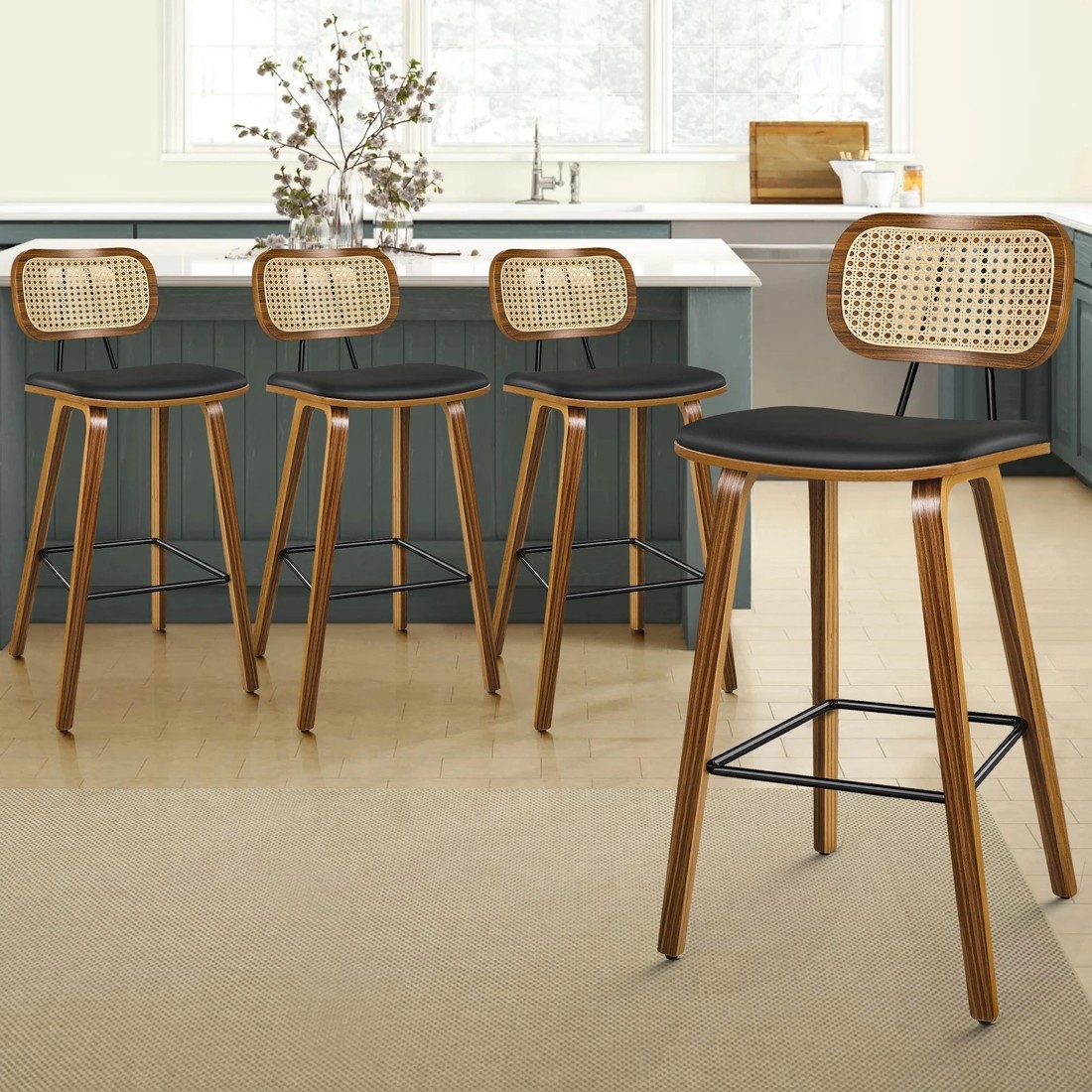 9 Alfordson 4x Bar Stools Kitchen Vintage Leather Seat Rattan Chair Wooden - Black, 9 of 9