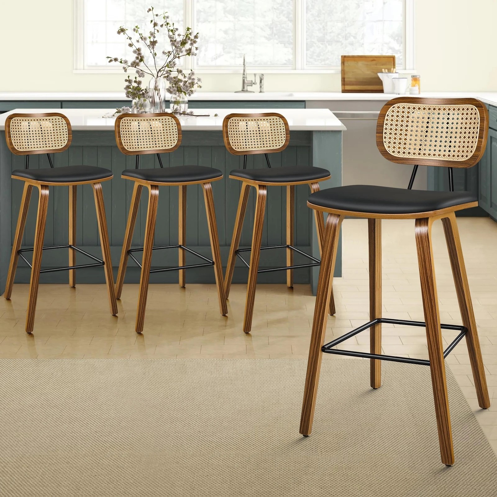 9 Alfordson 4x Bar Stools Kitchen Vintage Leather Seat Rattan Chair Wooden - Black, 9 of 9
