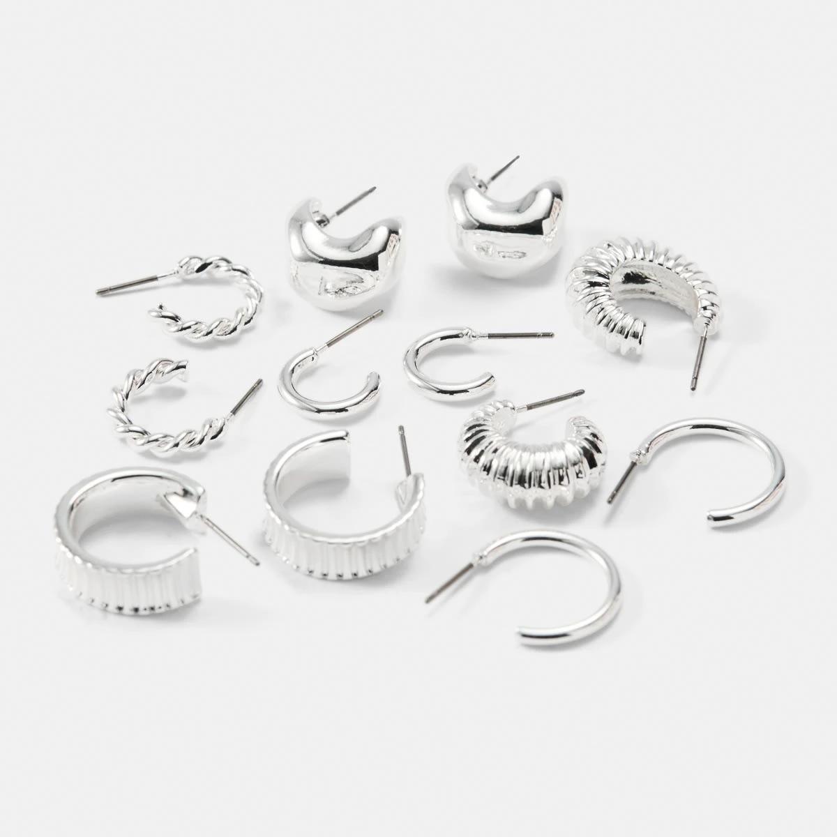 3 6 Pack Chunky Mini Hoop Earrings Silver, 3 of 5