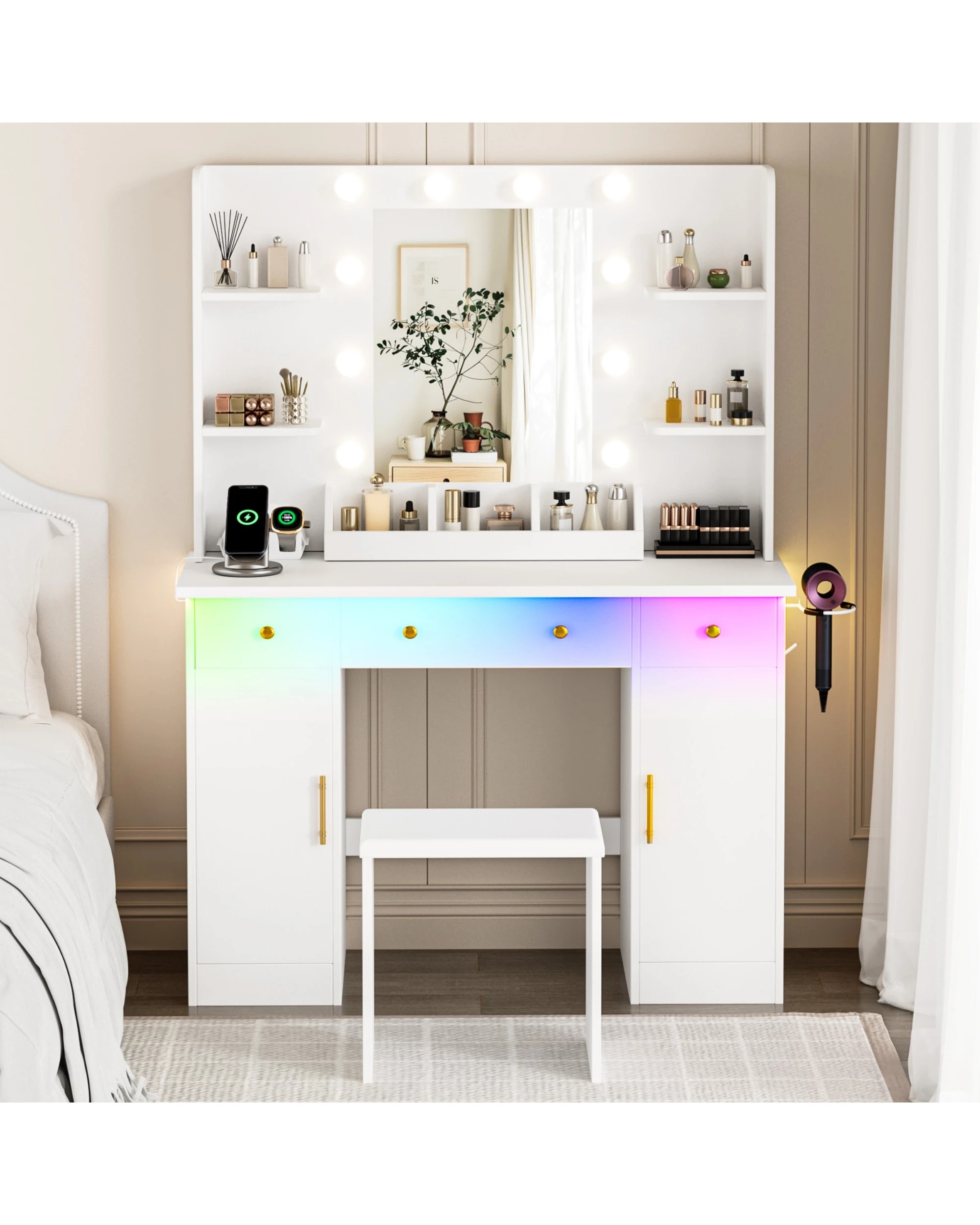 2 Advwin Dressing Table with Mirror and Lights Makeup Vanity Desk Set with Charging Station - White, 2 of 10