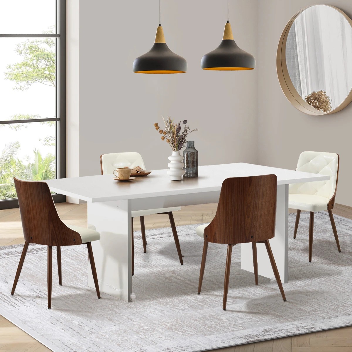 6 Oikiture 4-Seater Rectangular Dining Table and Chairs Wooden Kitchen Dining Set - White, 6 of 10