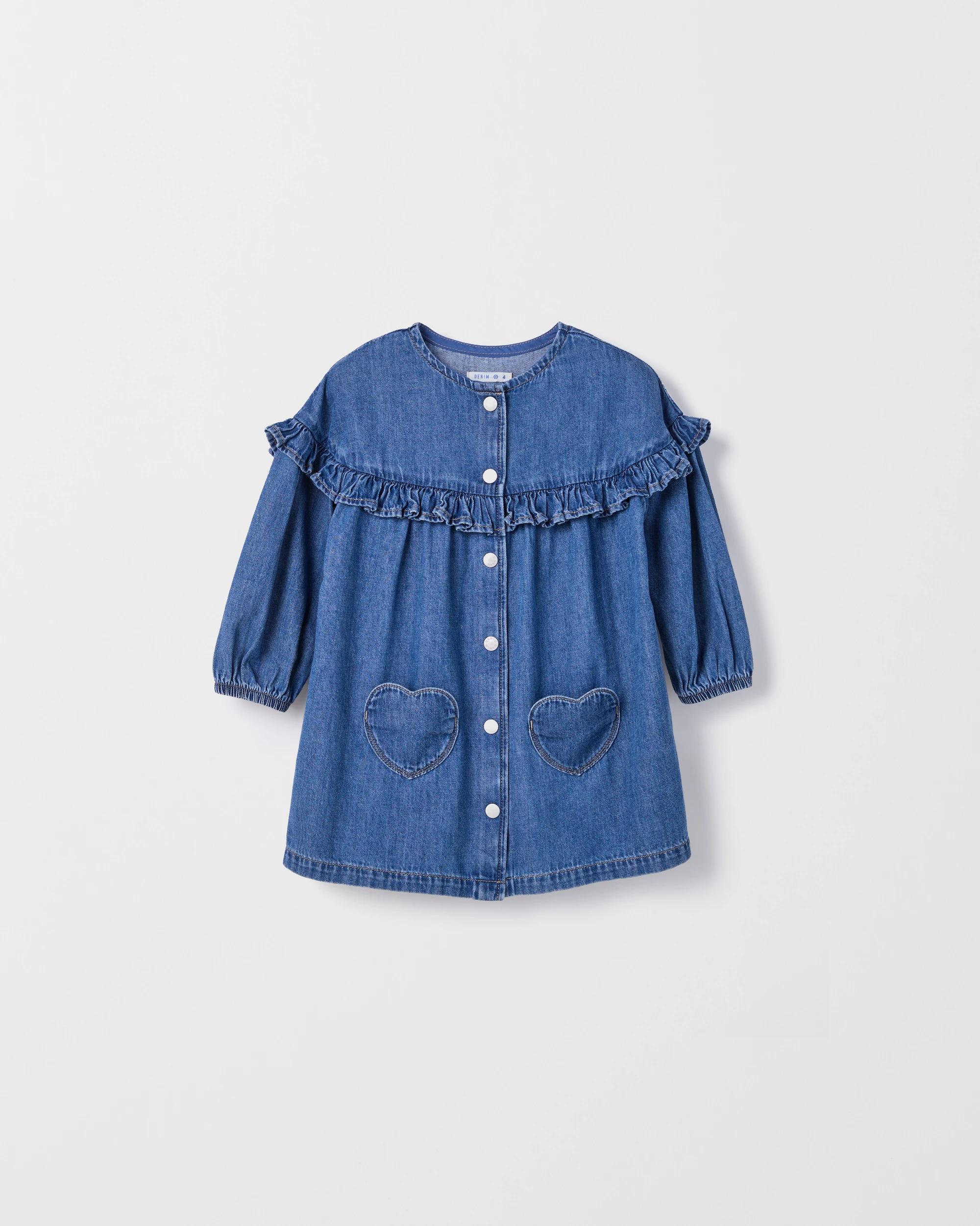 1 Target Kids Denim Long Sleeve Ruffle Dress BLUE DENIM WASH, 1 of 1
