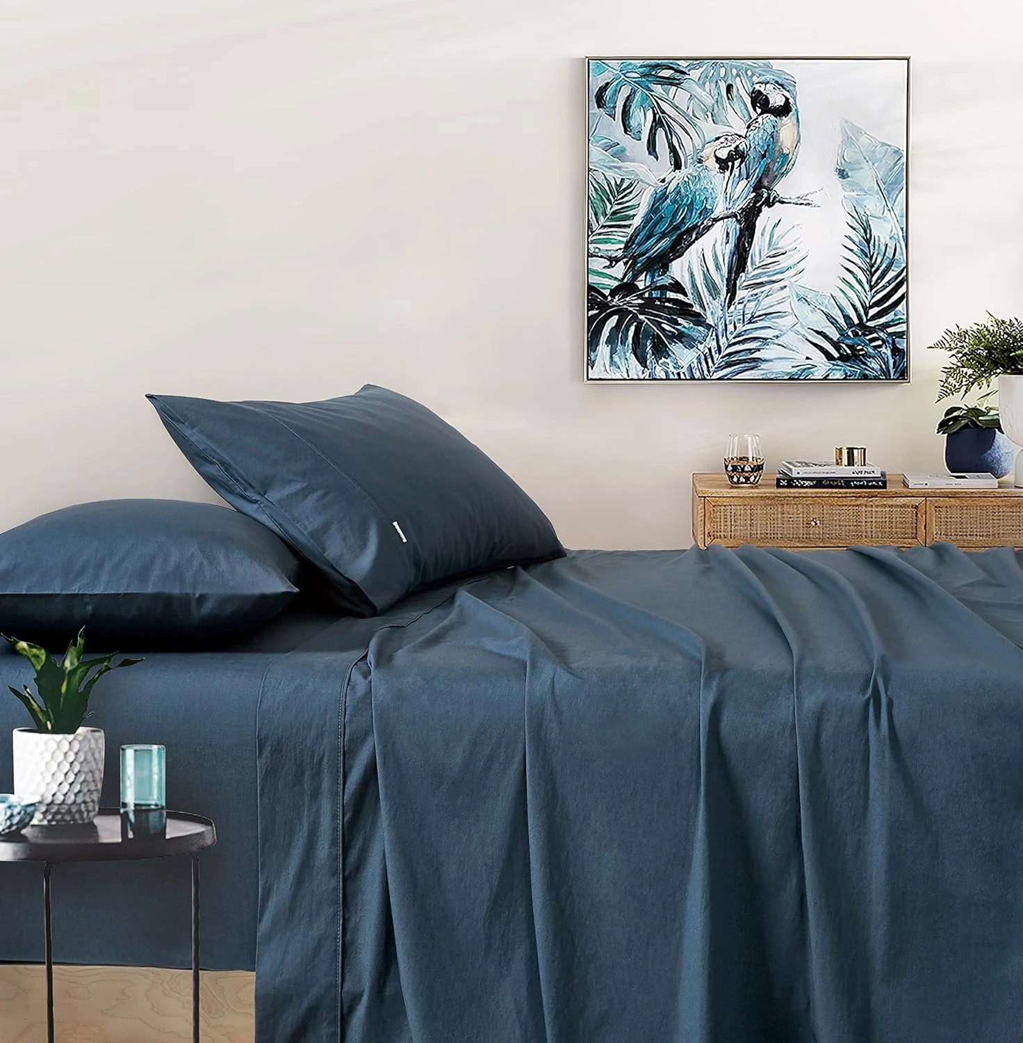 1 Gioia Casa Vintage Washed Cotton Sheet Set Soft Breathable - Double Bed - Dark Indigo, 1 of 4