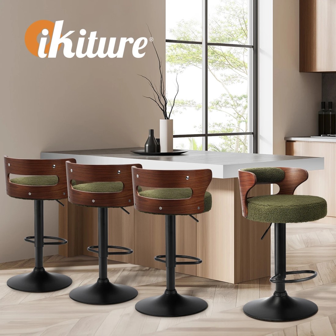 4 Oikiture 2x Bar Stools Kitchen Gas Lift Swivel Chairs Stool Wooden Boucle
 - Green, 4 of 9