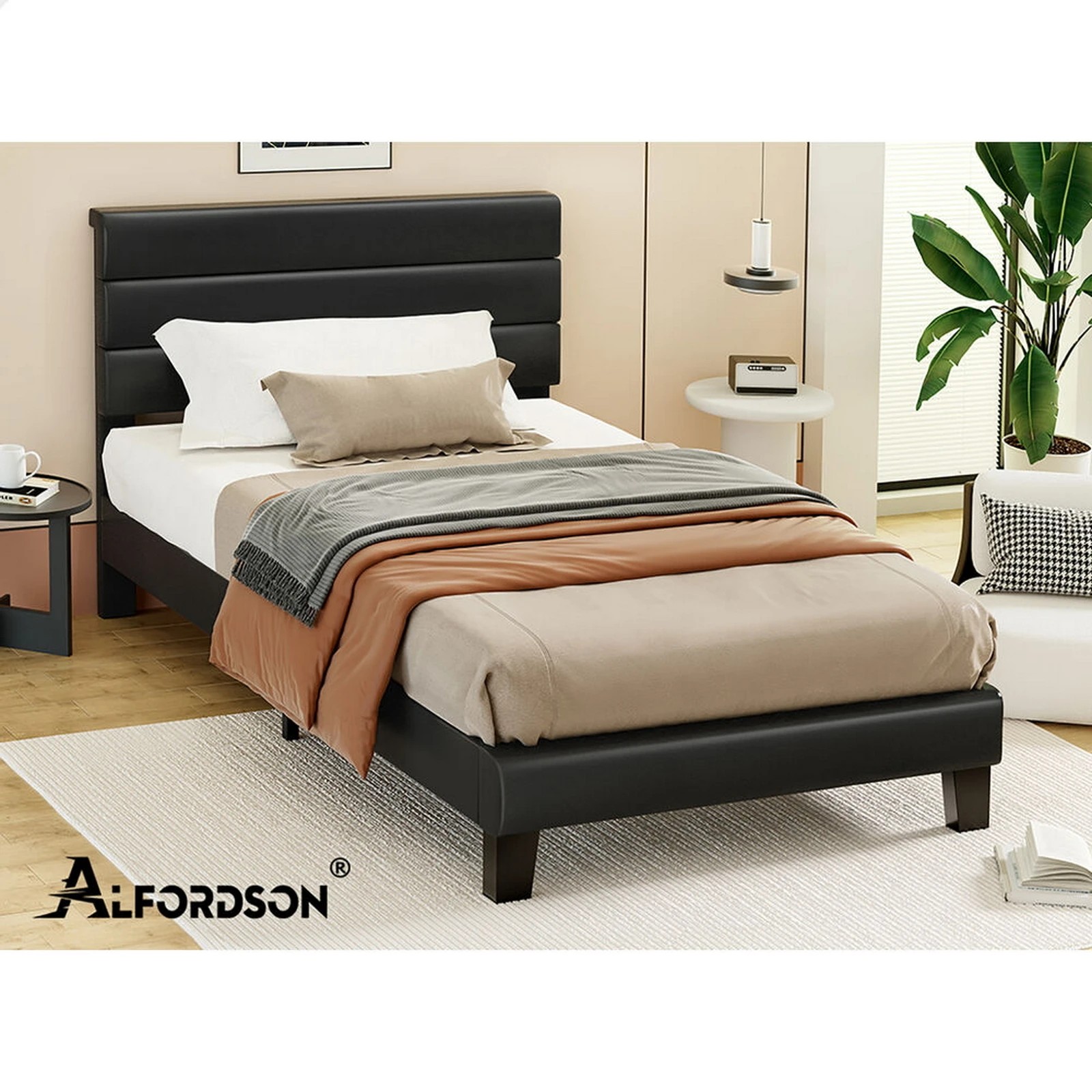 10 Alfordson Bed Frame Single Size Upholstered Platform Leather Harlene - Black, 10 of 10