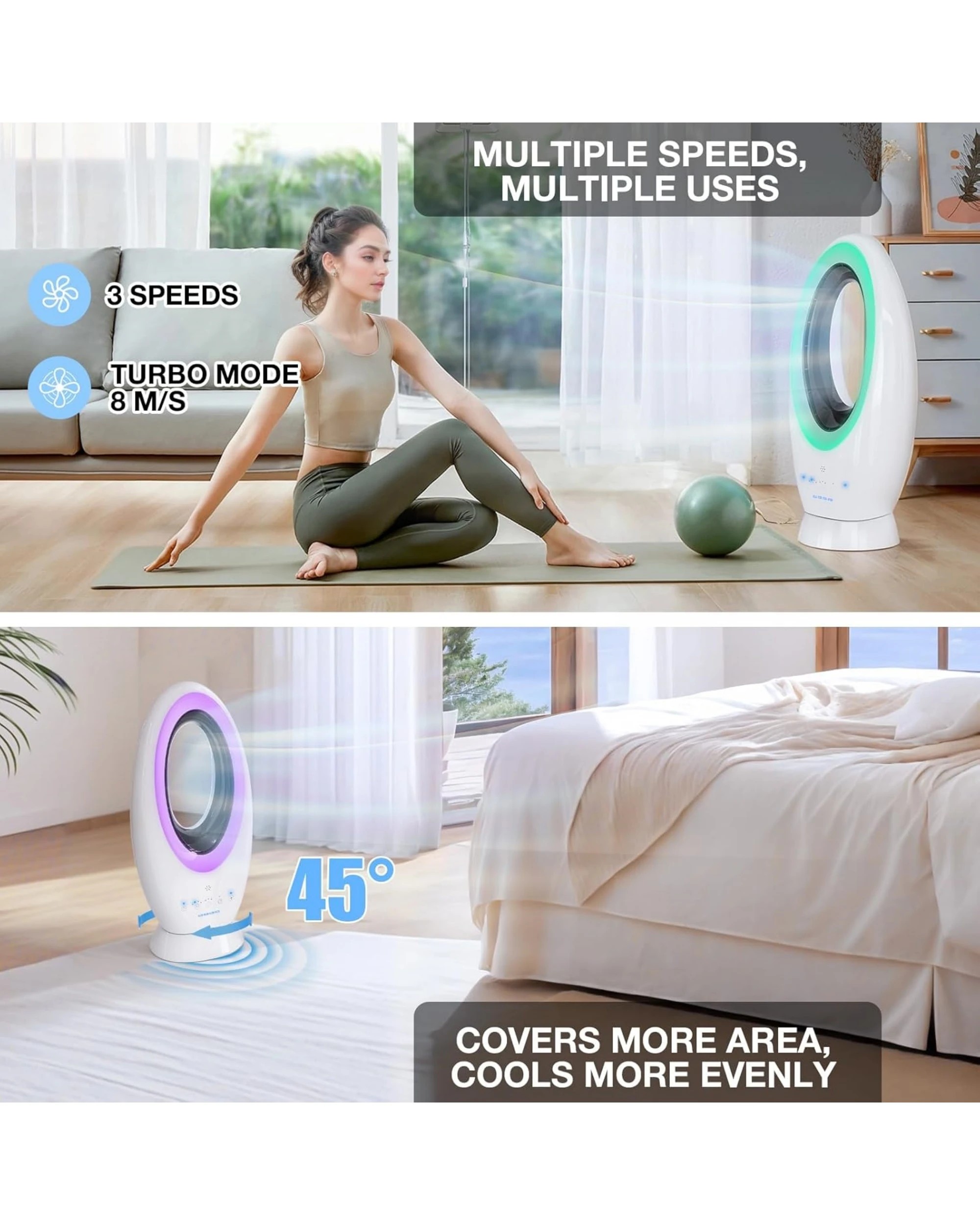 4 Advwin Bladeless Camping Fan Powerful USB Desk Fan with 4-Speed, 12000mAh Rechargeable Battery, Timer, 5 Color Lights, 4 of 7