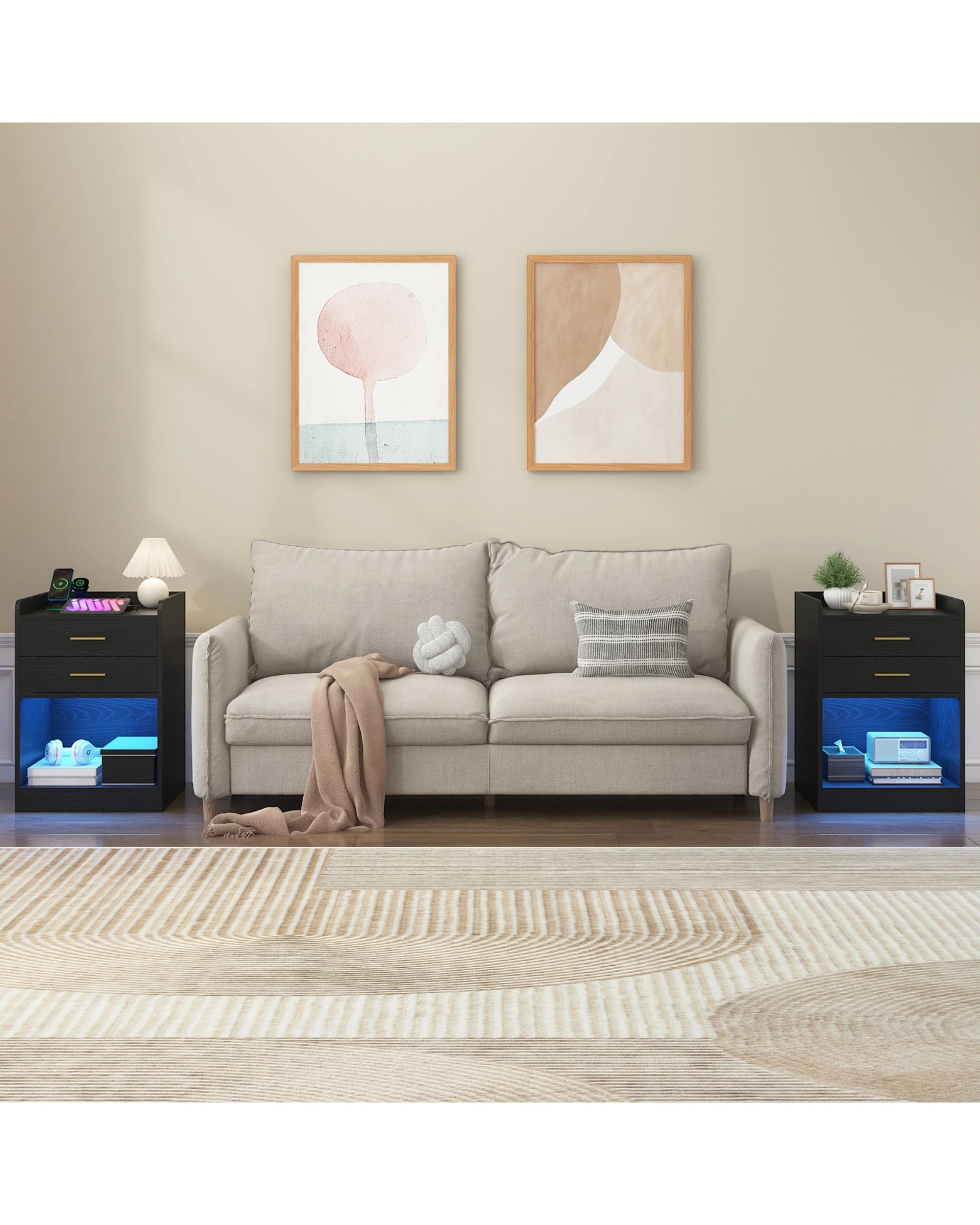 3 Advwin LED 2x Bedside Table with Charging Station 2 Drawers Nightstand - Black, 3 of 7