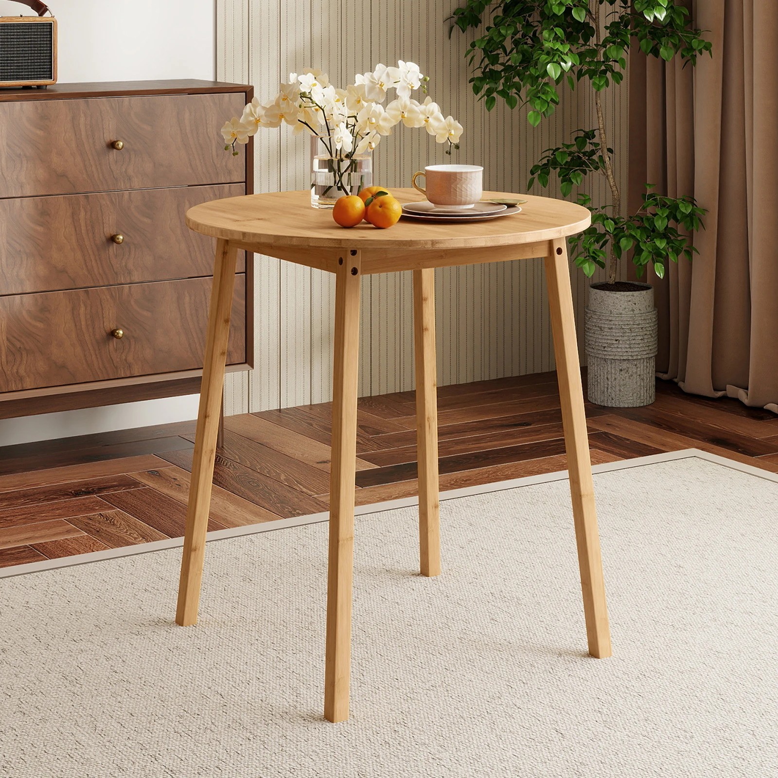 2 Costway Round Bamboo Dining Table 70cm Solid Wood Writing Desk Kitchen Breakfast, 2 of 4