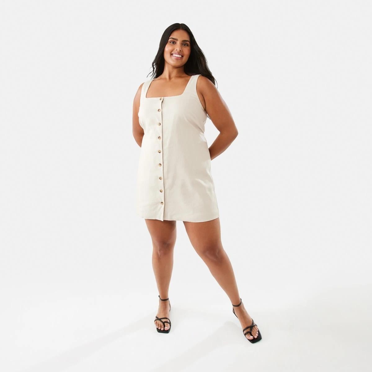 4 Sleeveless Linen Blend Button Mini Dress Grey Beige, 4 of 10