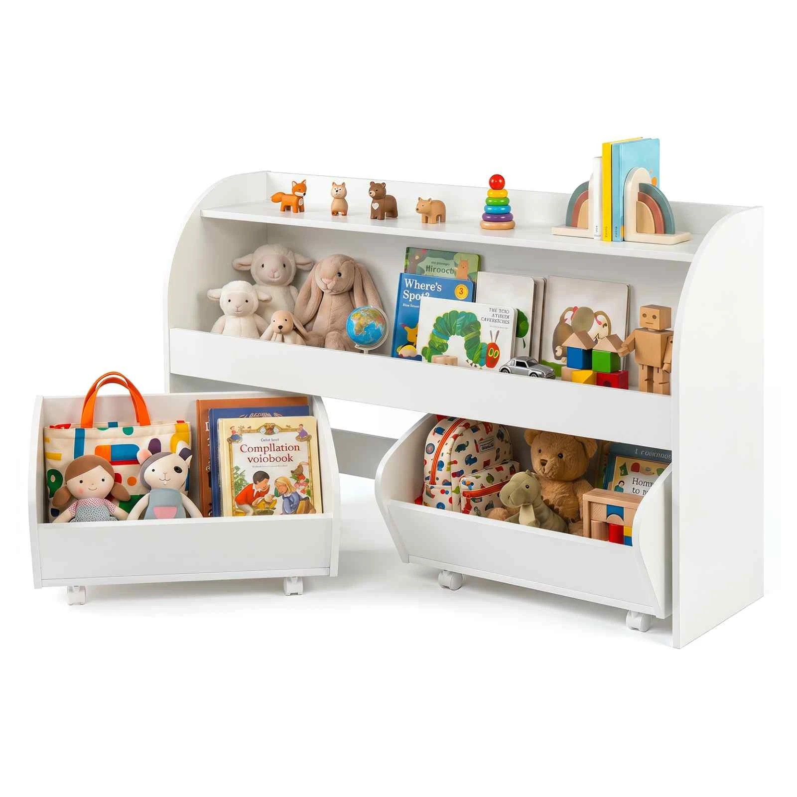 1 Costway Toy Storage Organizer Cabinet Montessori Bookshelf 2 Rolling Drawers - White, 1 of 5