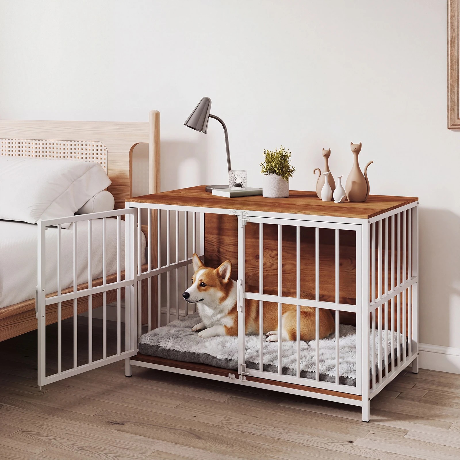 4 Costway Metal Dog Crate Furniture 100cm Pet Kennel Cage Side Table - Natural, 4 of 6