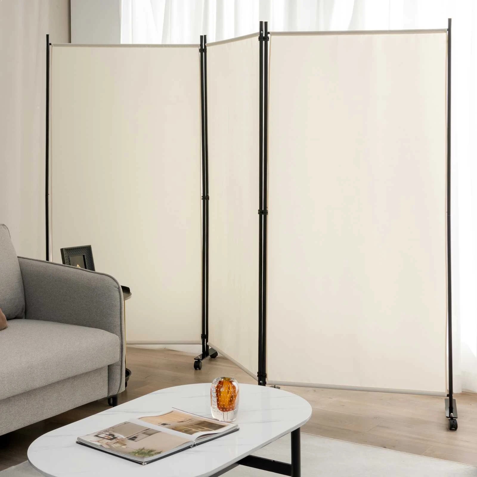 3 Costway 3 Panels Folding Tall Room Divider Mobile Privacy Screen Wall Partition Home Office - White, 3 of 3
