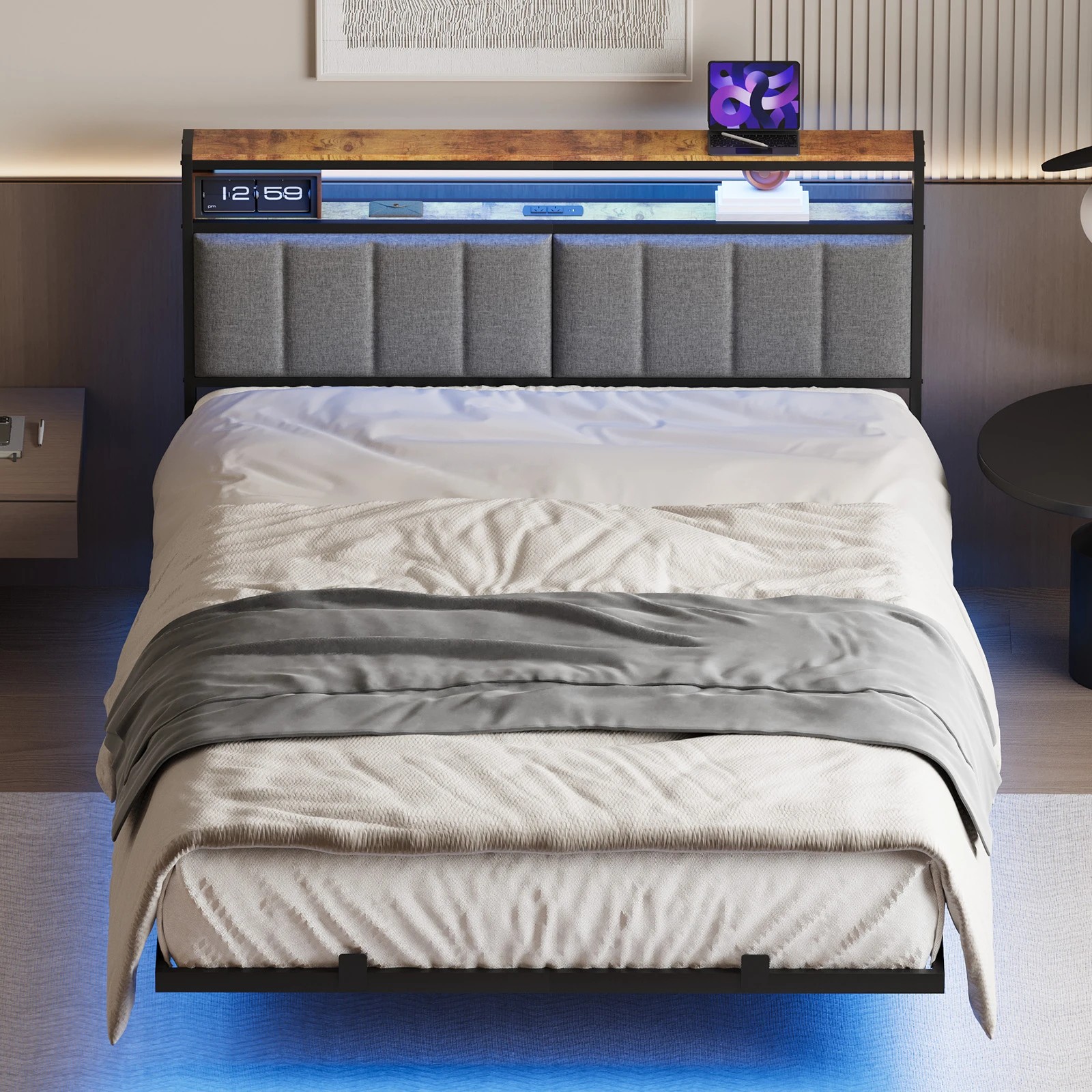 8 Advwin Queen Size Floating Bed Frame with Headboard Led Light & Charging Station, 8 of 8